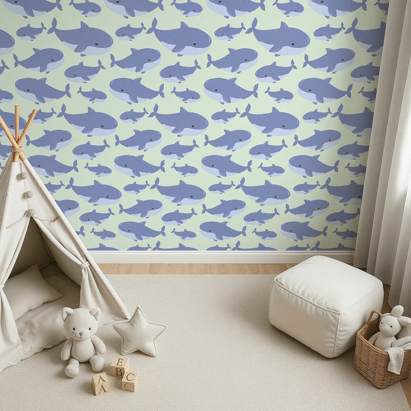 Top-Down view of Whimsy Tots' Whale Shark Wiggles Wallpaper in Mint Green (W3043D).Charming whale sharks drift through soft minty waters.