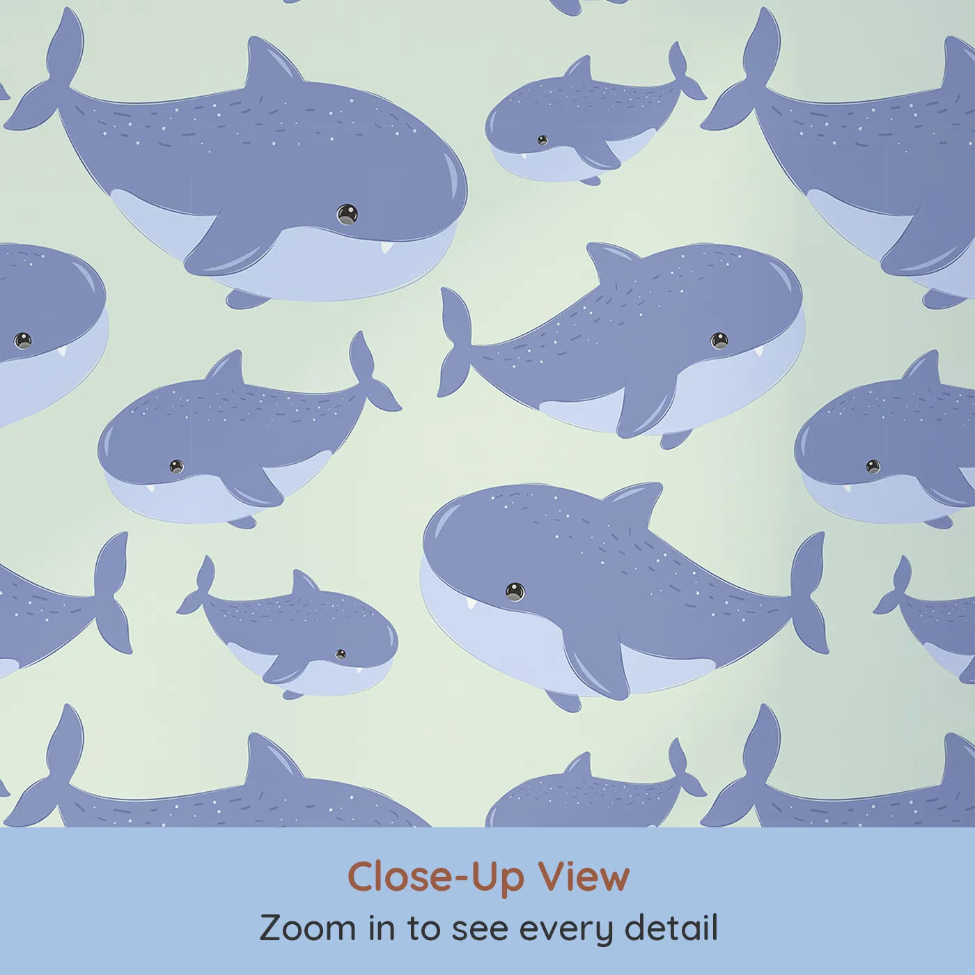 Close-up view of Whimsy Tots' Whale Shark Wiggles Wallpaper in Mint Green (W3043D).Charming whale sharks drift through soft minty waters.