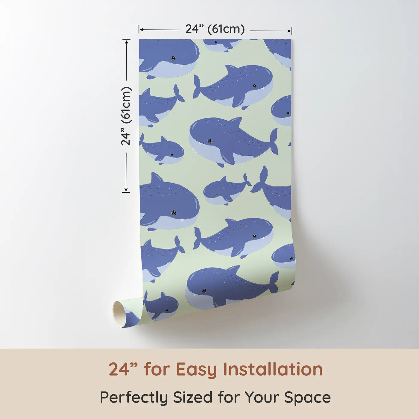Dimension view of Whimsy Tots Whale Shark Wiggles Wallpaper in Mint Green (W3043D). Printed in 24-inch-wide panel for easy installation. Charming whale sharks drift through soft minty waters.