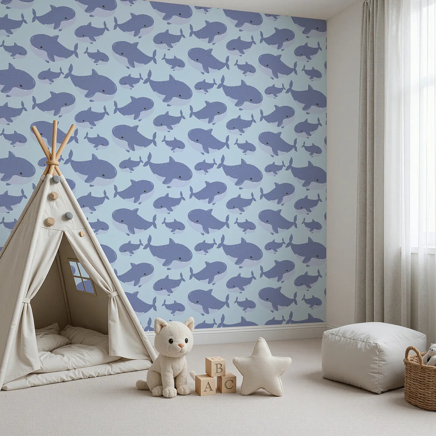Angled view of Whimsy Tots' Whale Shark Wiggles Wallpaper in Sky Blue (W3043E).Big blue whale sharks float happily in a clear blue sea.
