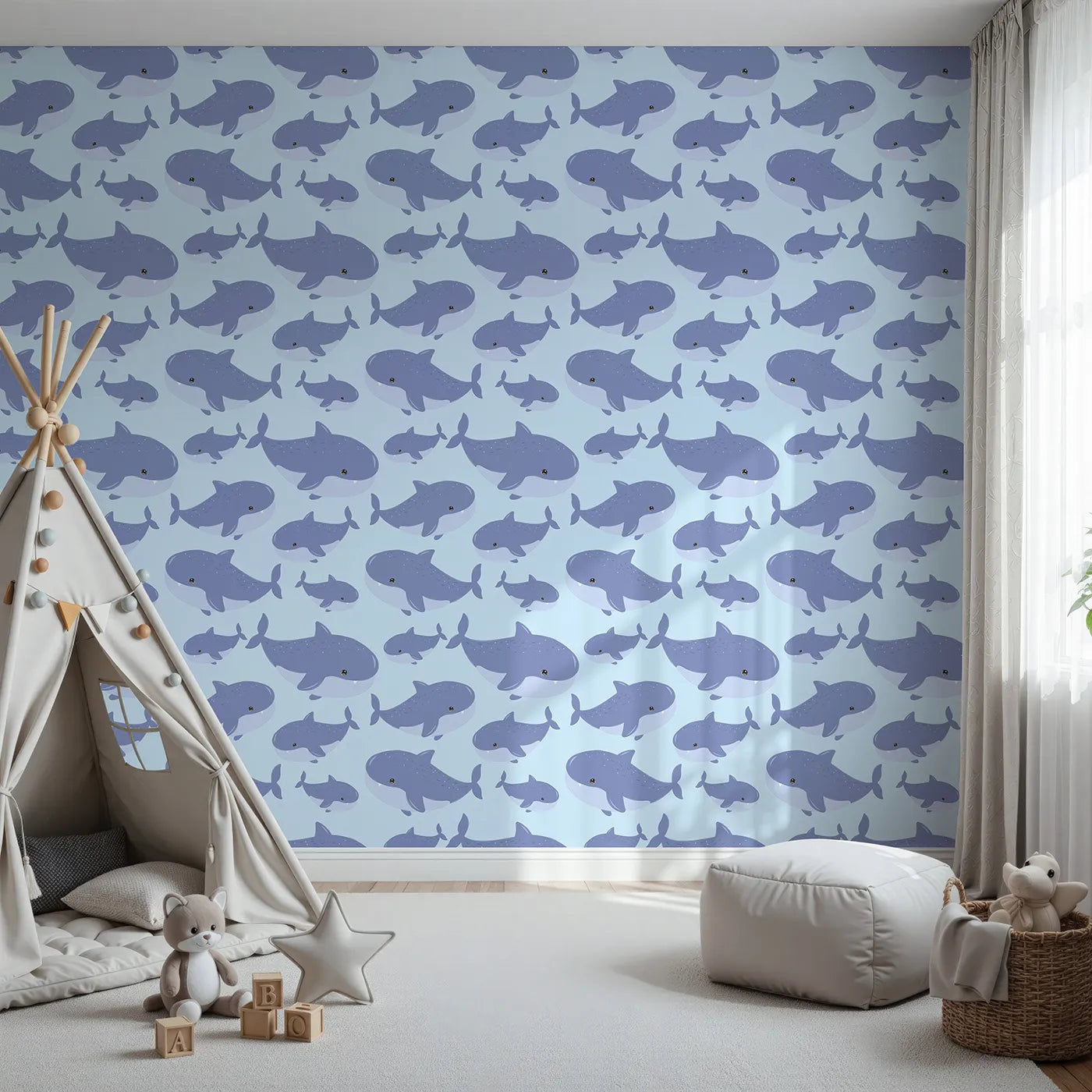 Front view of Whimsy Tots' Whale Shark Wiggles Wallpaper in Sky Blue