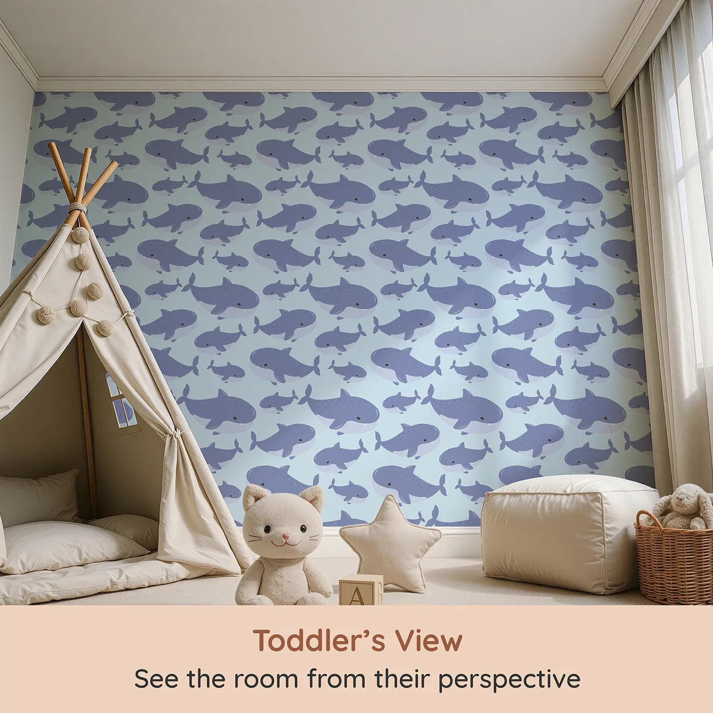 Whimsy Tots Whale Shark Wiggles Wallpaper in Sky Blue (W3043E) from your child's view.Big blue whale sharks float happily in a clear blue sea.