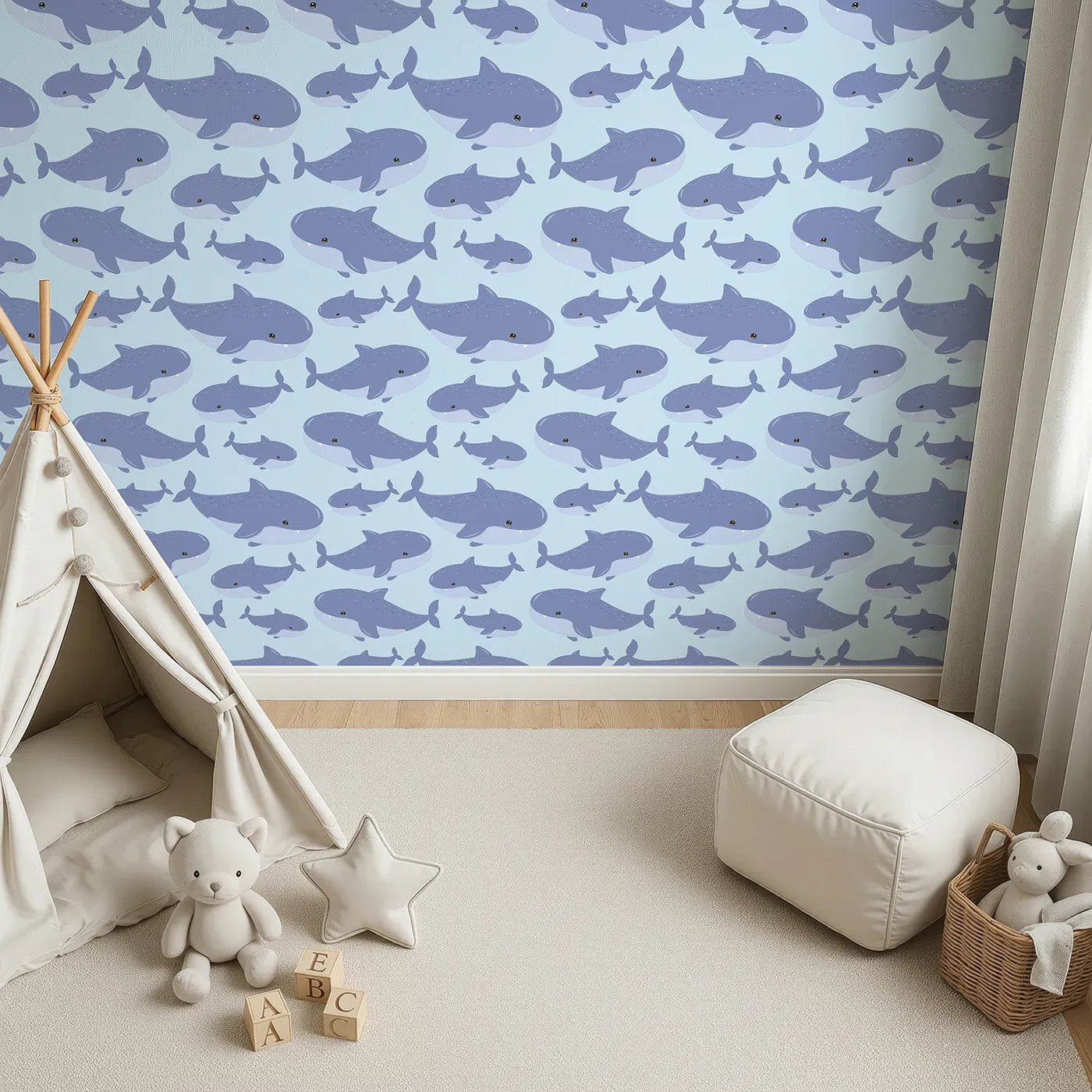 Top-Down view of Whimsy Tots' Whale Shark Wiggles Wallpaper in Sky Blue (W3043E).Big blue whale sharks float happily in a clear blue sea.