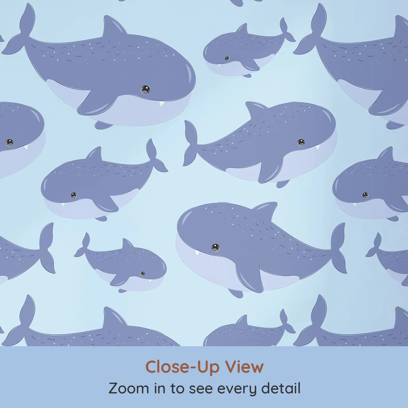 Close-up view of Whimsy Tots' Whale Shark Wiggles Wallpaper in Sky Blue (W3043E).Big blue whale sharks float happily in a clear blue sea.