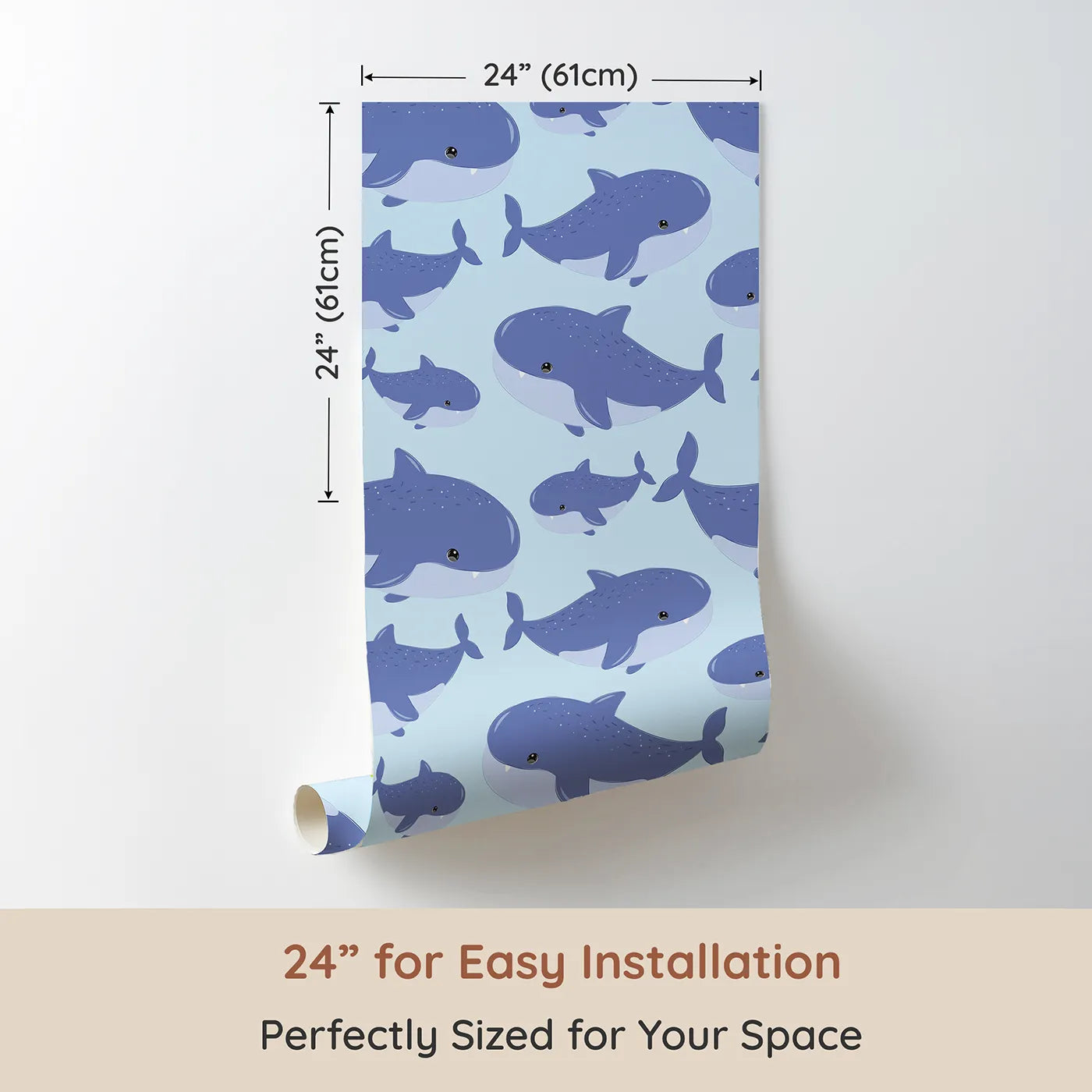 Dimension view of Whimsy Tots Whale Shark Wiggles Wallpaper in Sky Blue (W3043E). Printed in 24-inch-wide panel for easy installation. Big blue whale sharks float happily in a clear blue sea.