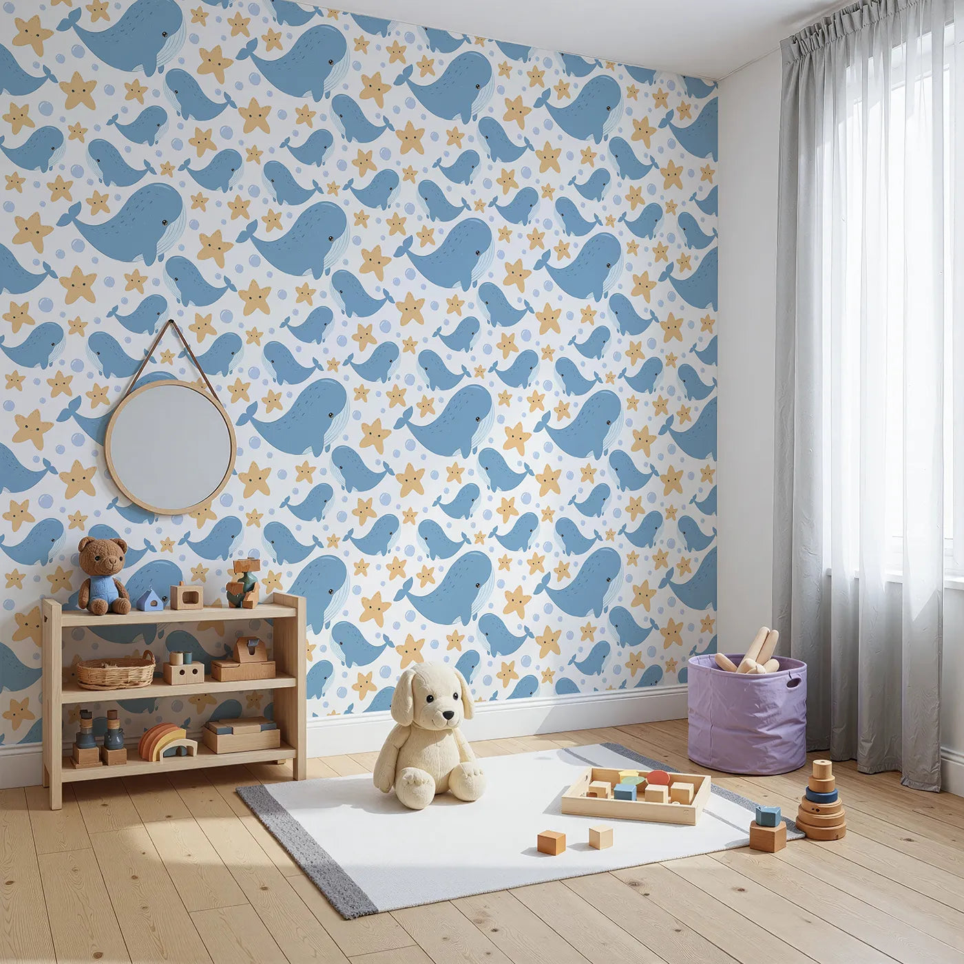 Angled view of Whimsy Tots' Starry Whale Friends Wallpaper in White (W3044A).Big-hearted whales and bubbly starfish bring ocean cheer.