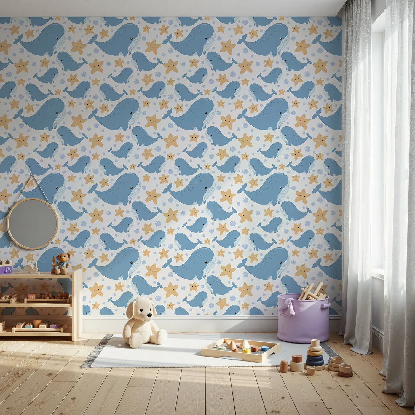 Front view of Whimsy Tots' Starry Whale Friends Wallpaper in White