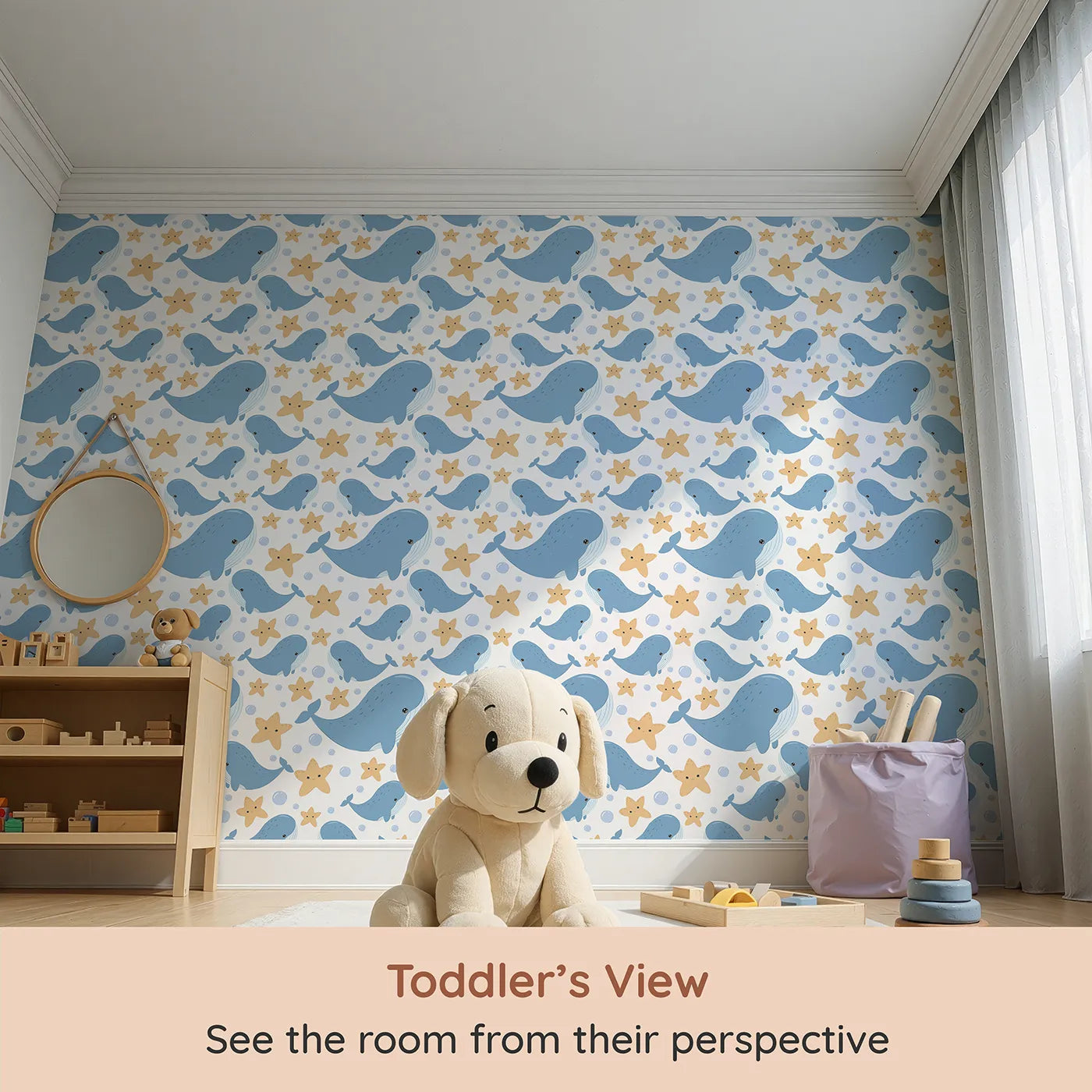 Whimsy Tots Starry Whale Friends Wallpaper in White (W3044A) from your child's view.Big-hearted whales and bubbly starfish bring ocean cheer.