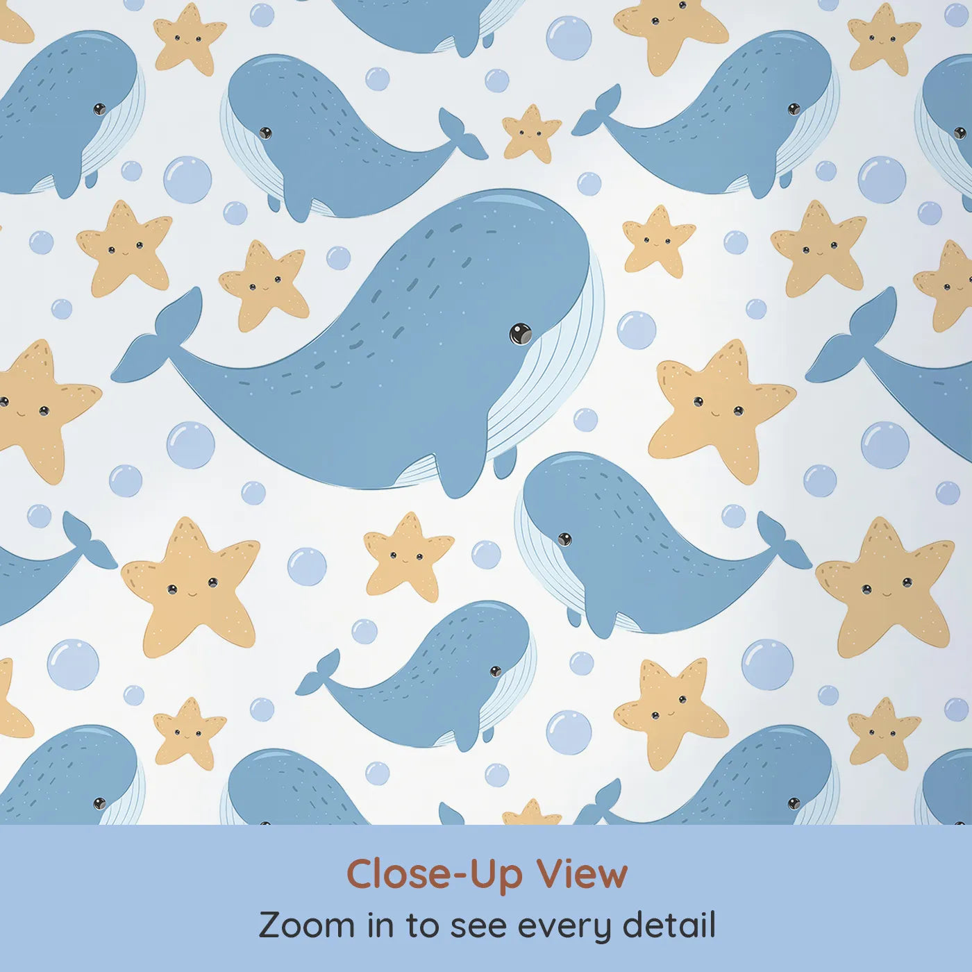 Close-up view of Whimsy Tots' Starry Whale Friends Wallpaper in White (W3044A).Big-hearted whales and bubbly starfish bring ocean cheer.