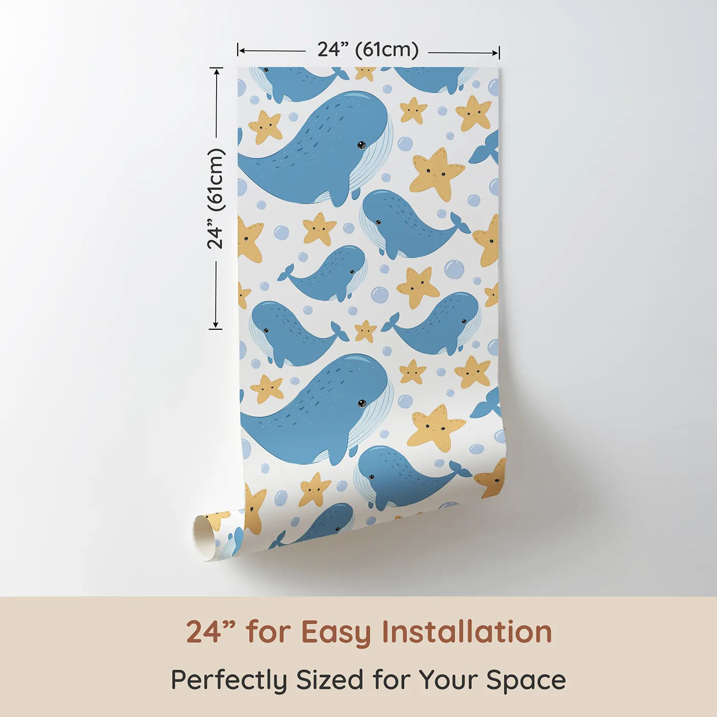 Dimension view of Whimsy Tots Starry Whale Friends Wallpaper in White (W3044A). Printed in 24-inch-wide panel for easy installation. Big-hearted whales and bubbly starfish bring ocean cheer.