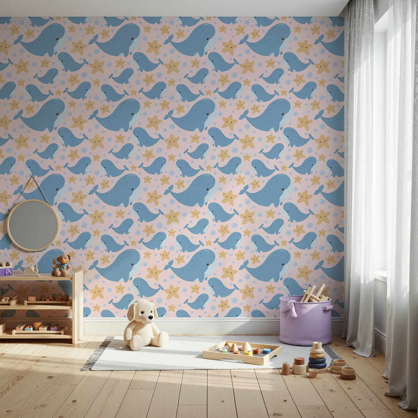 Front view of Whimsy Tots' Starry Whale Friends Wallpaper in Blush Pink
