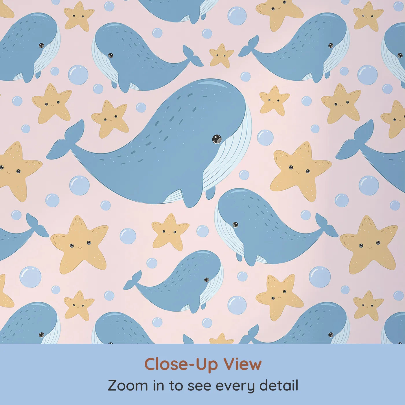 Close-up view of Whimsy Tots' Starry Whale Friends Wallpaper in Blush Pink (W3044B).Sweet whales and sunny stars swim across soft pink seas.