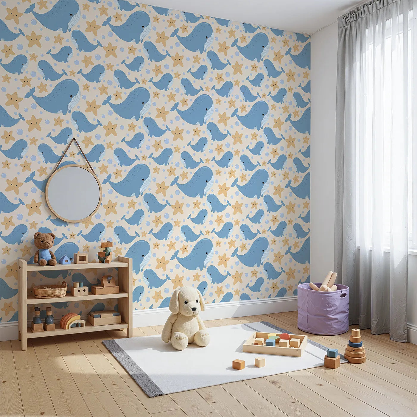 Angled view of Whimsy Tots' Starry Whale Friends Wallpaper in Cream (W3044C).Cheerful whales and giggly stars bring ocean joy to soft sandy shores.