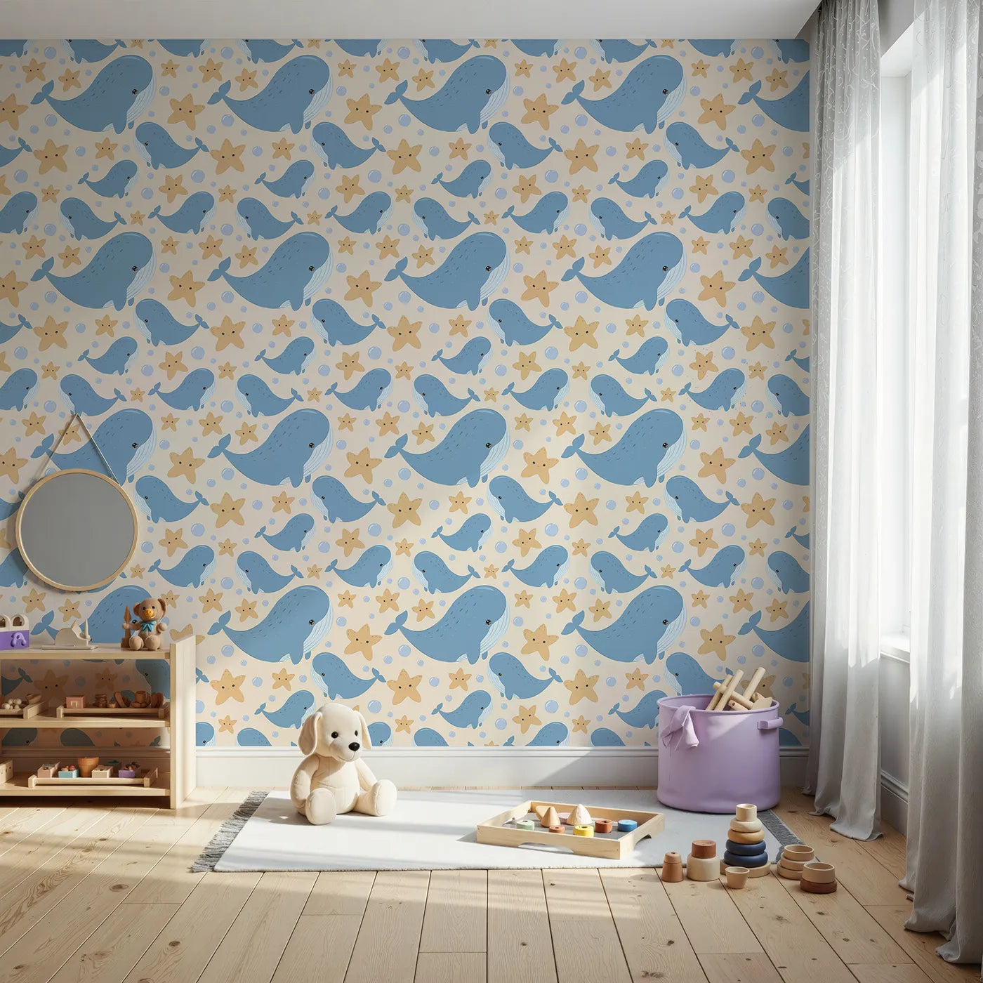 Front view of Whimsy Tots' Starry Whale Friends Wallpaper in Cream