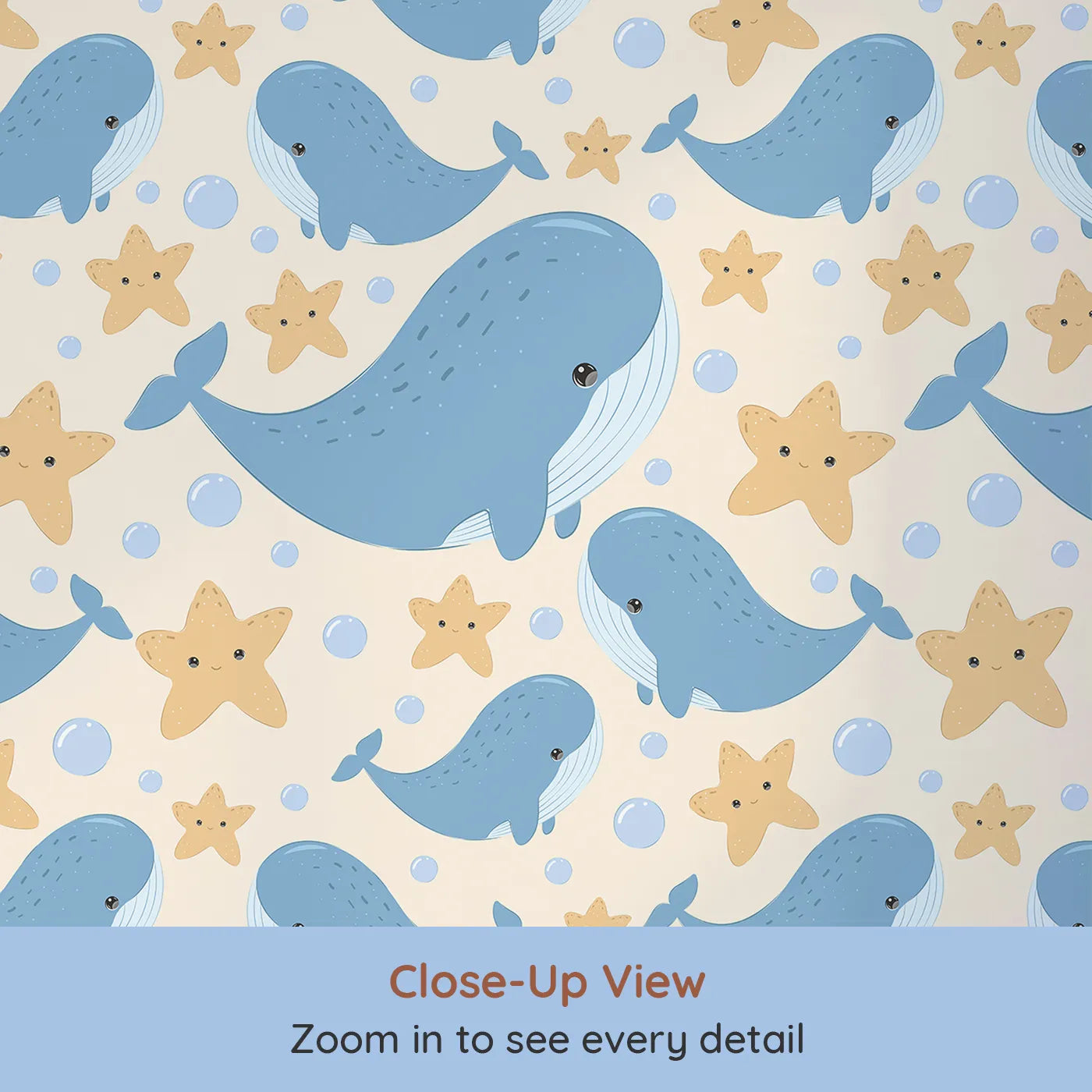 Close-up view of Whimsy Tots' Starry Whale Friends Wallpaper in Cream (W3044C).Cheerful whales and giggly stars bring ocean joy to soft sandy shores.
