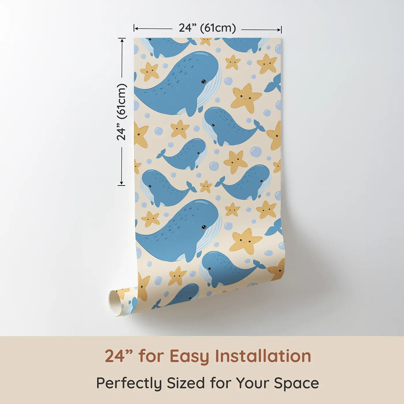 Dimension view of Whimsy Tots Starry Whale Friends Wallpaper in Cream (W3044C). Printed in 24-inch-wide panel for easy installation. Cheerful whales and giggly stars bring ocean joy to soft sandy shores.