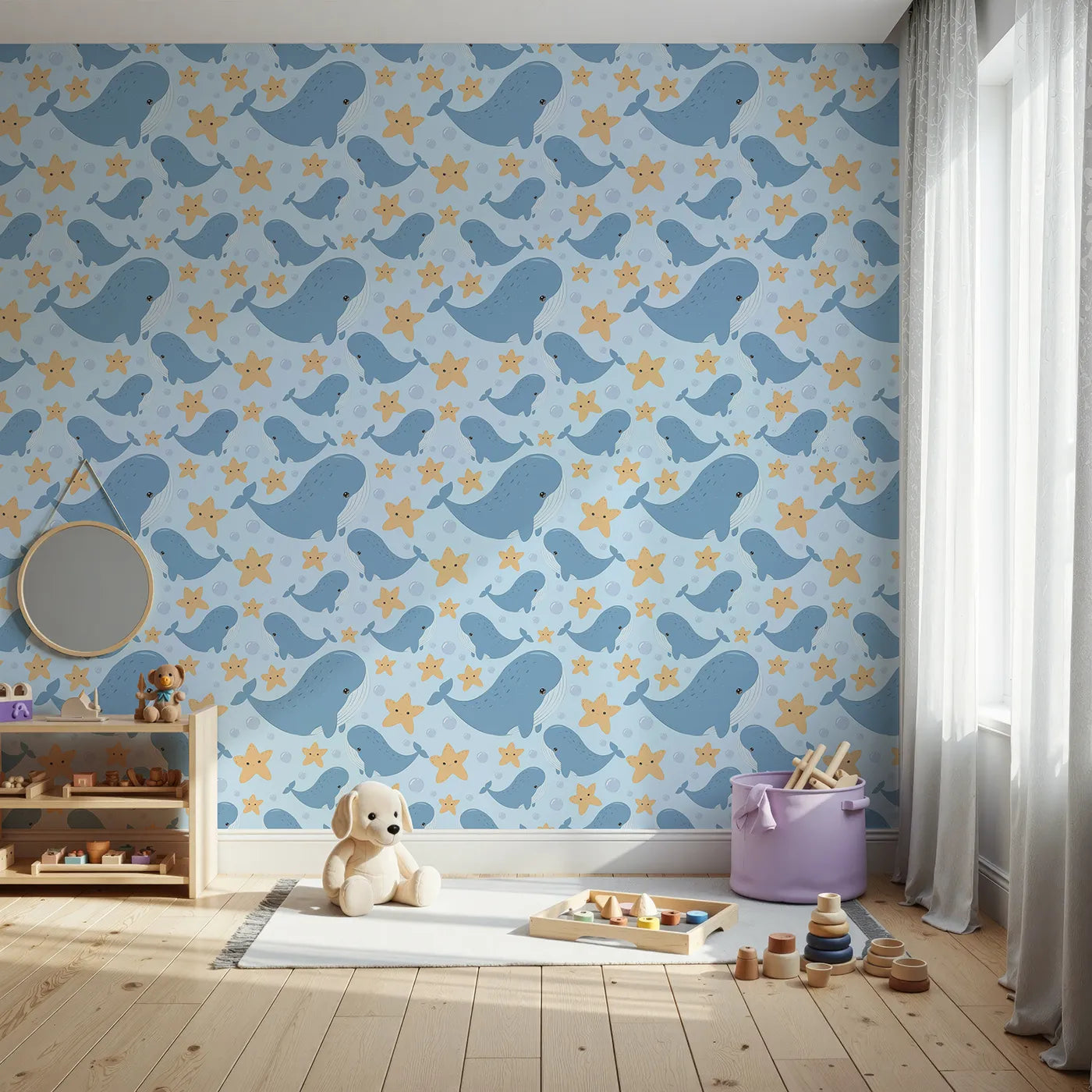 Front view of Whimsy Tots' Starry Whale Friends Wallpaper in Blue