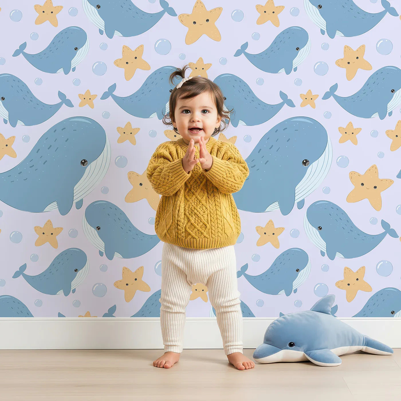 Lovely child standing in front of Whimsy Tots Starry Whale Friends Wallpaper in Lilac Lavender with whale, starfish, bubble, dot in design.
