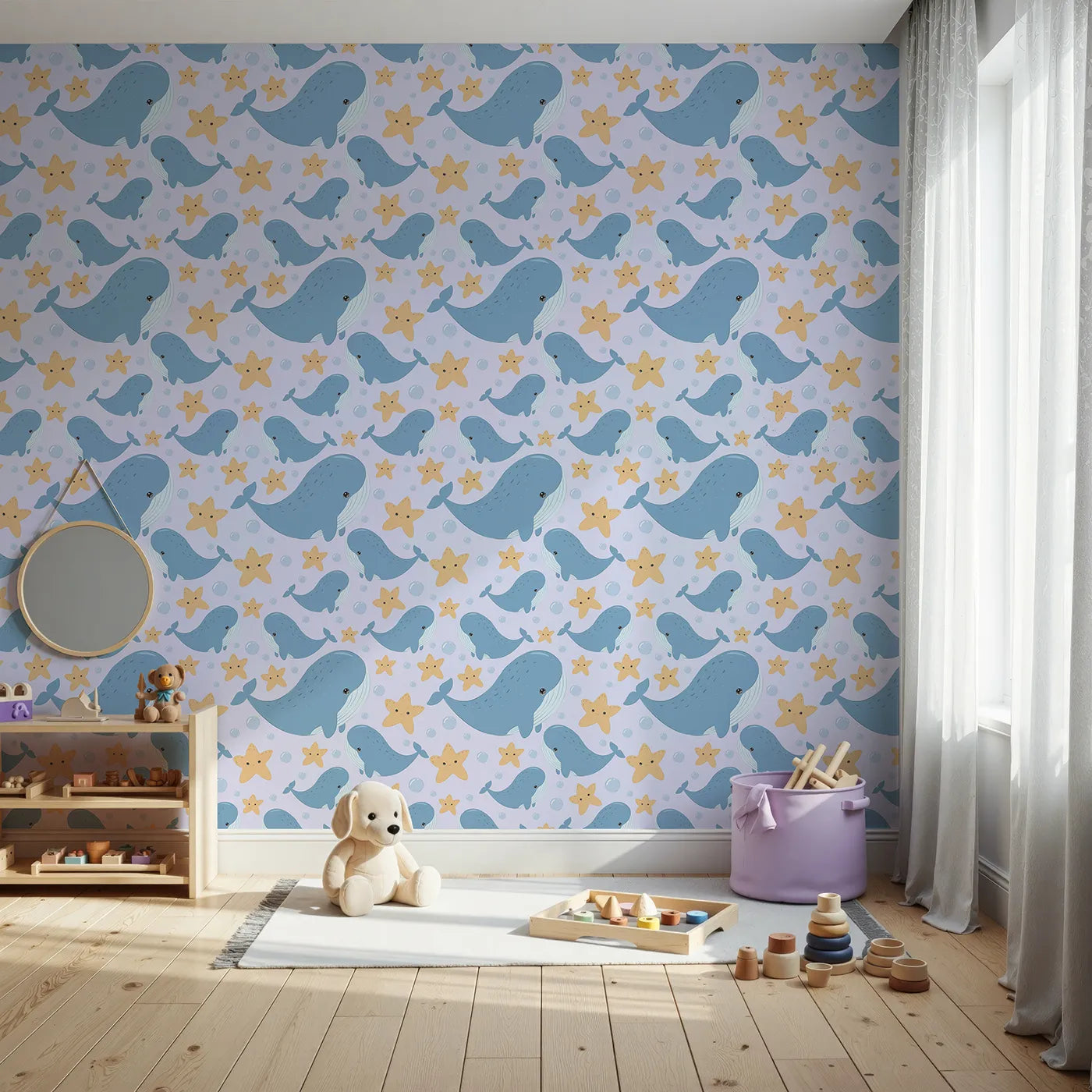 Front view of Whimsy Tots' Starry Whale Friends Wallpaper in Lilac Lavender