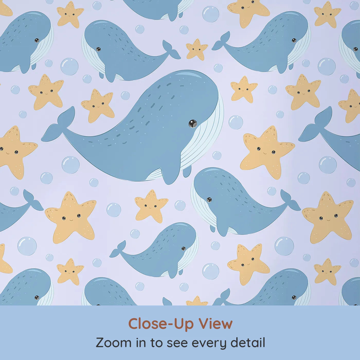Close-up view of Whimsy Tots' Starry Whale Friends Wallpaper in Lilac Lavender (W3044E).Gentle whales and glowing starfish drift through a lilac ocean of wonder.