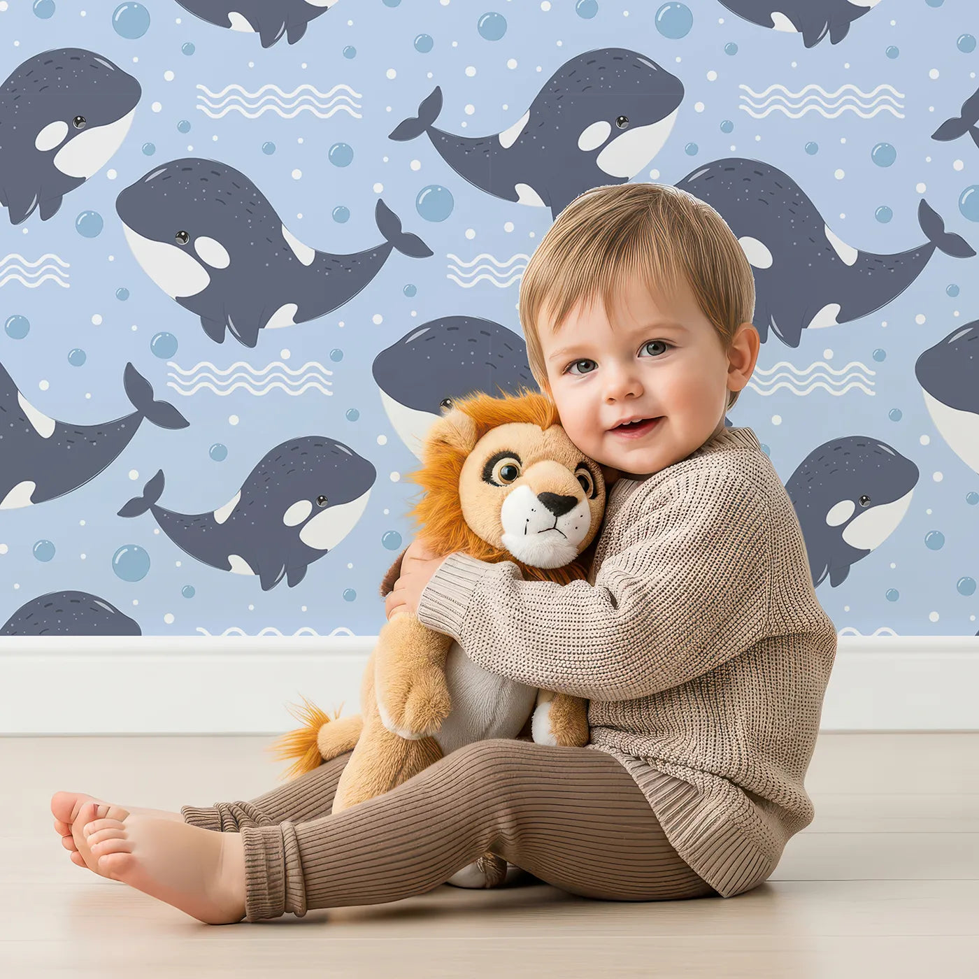 Lovely child standing in front of Whimsy Tots Orca Whale Wonder Wallpaper in Blue with whale, orca, bubble, wave in design.