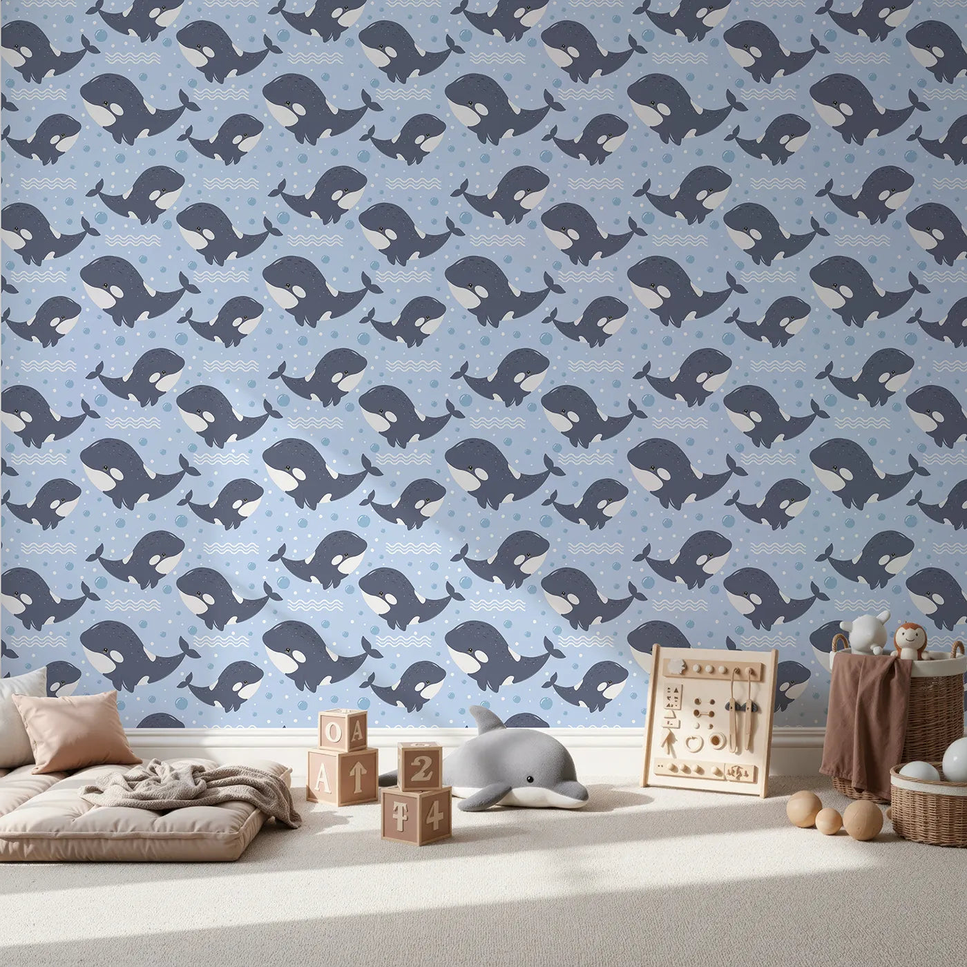 Front view of Whimsy Tots' Orca Whale Wonder Wallpaper in Blue