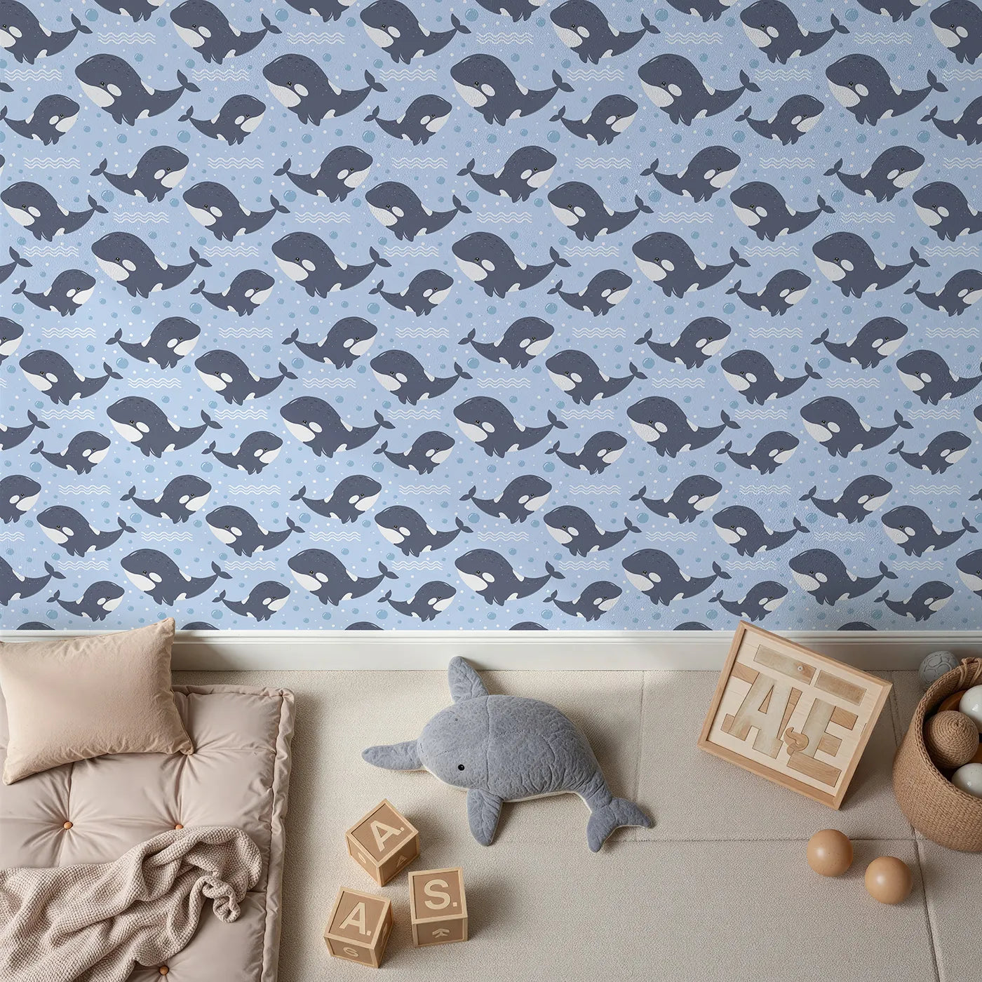 Top-Down view of Whimsy Tots' Orca Whale Wonder Wallpaper in Blue (W3045A).Smiling orcas splash through bubbly blue waves.