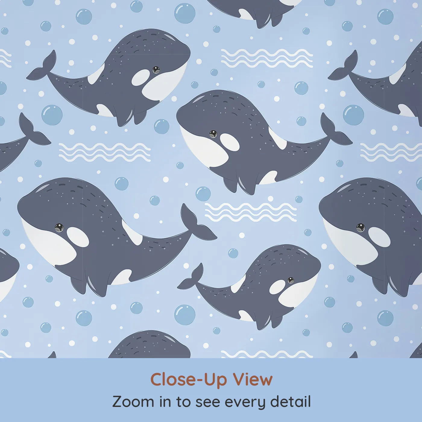 Close-up view of Whimsy Tots' Orca Whale Wonder Wallpaper in Blue (W3045A).Smiling orcas splash through bubbly blue waves.