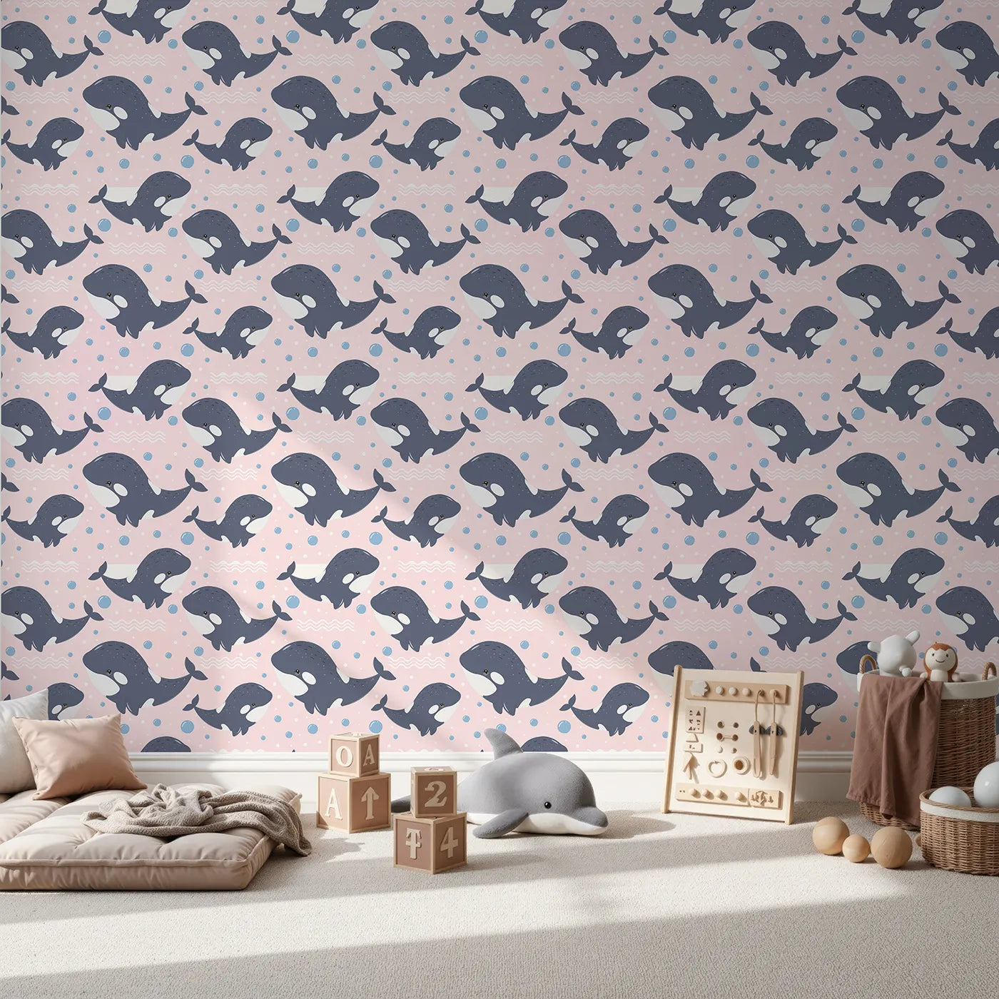 Front view of Whimsy Tots' Orca Whale Wonder Wallpaper in Blush Pink