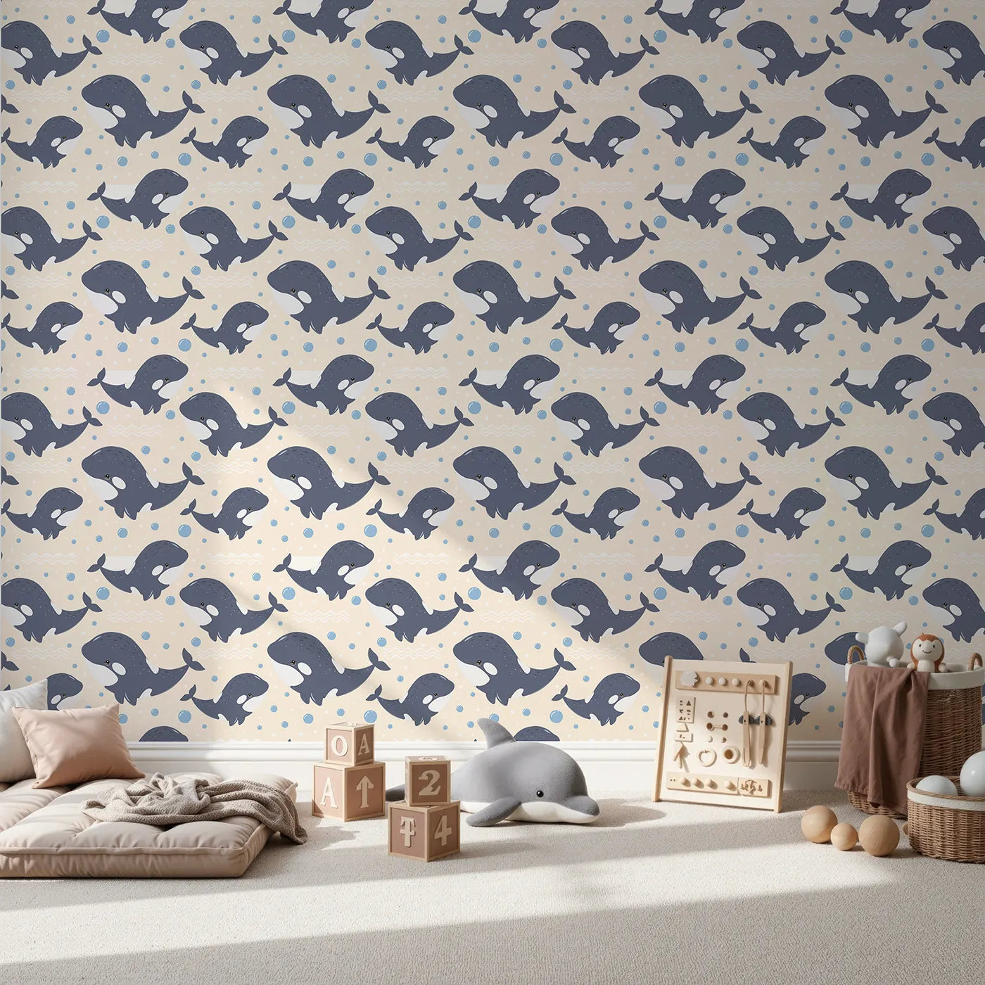 Front view of Whimsy Tots' Orca Whale Wonder Wallpaper in Cream