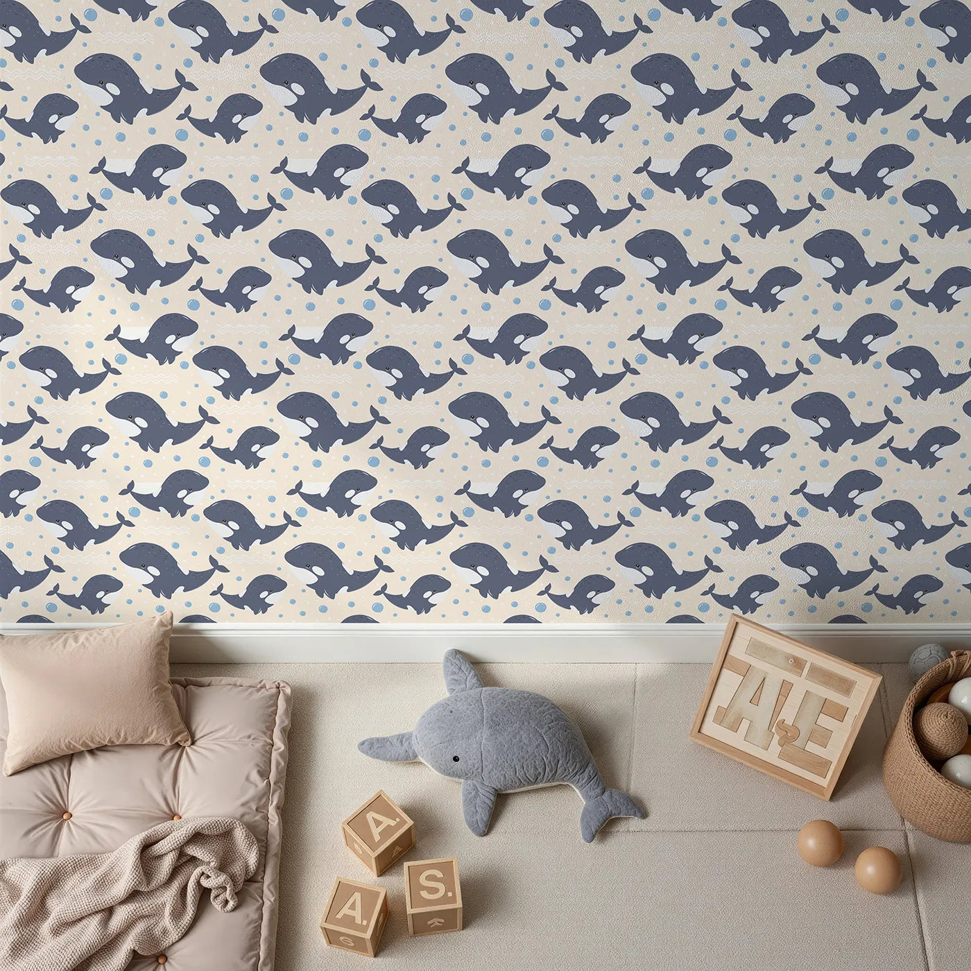Top-Down view of Whimsy Tots' Orca Whale Wonder Wallpaper in Cream (W3045C).Playful orcas dance through cream-colored waves and bubbles.