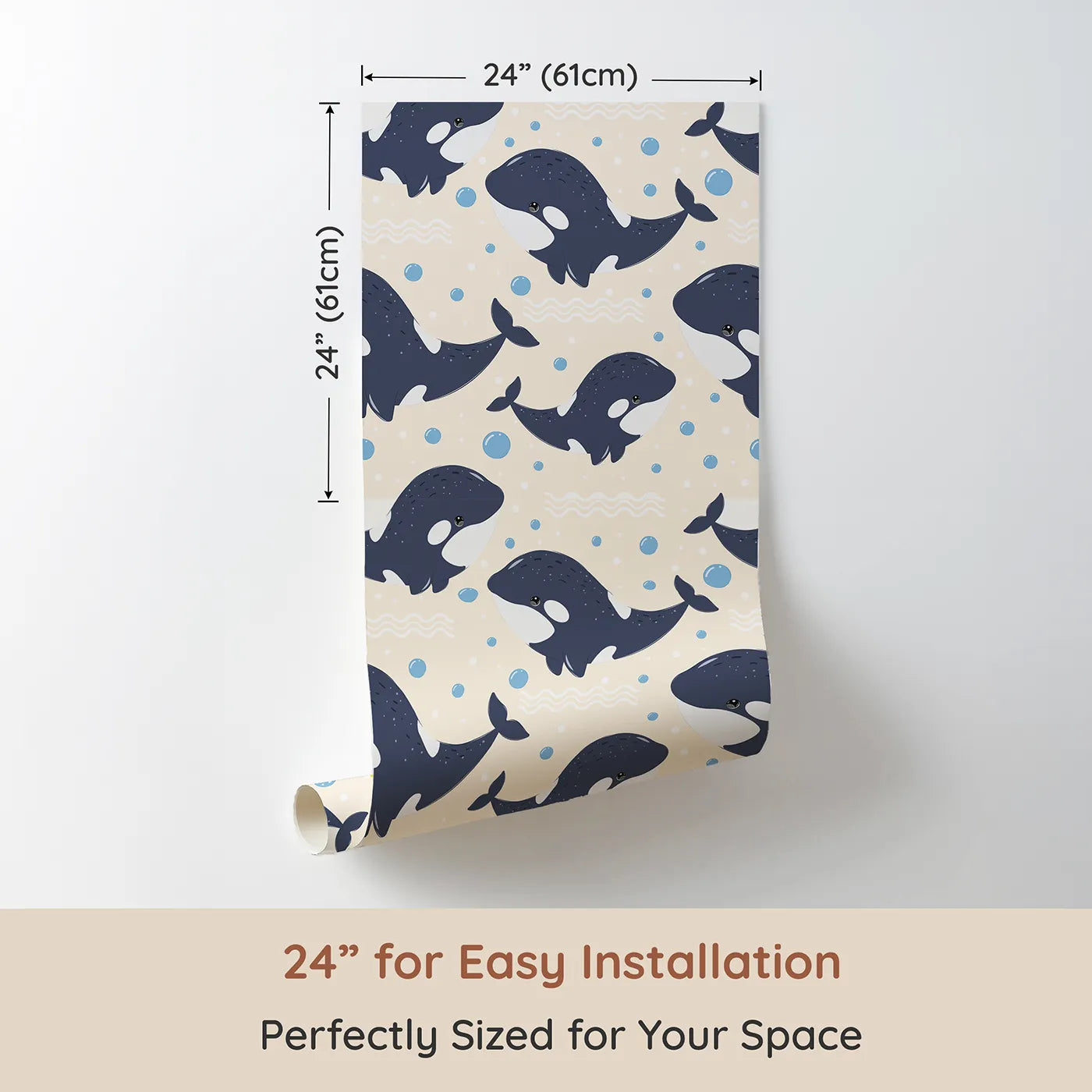 Dimension view of Whimsy Tots Orca Whale Wonder Wallpaper in Cream (W3045C). Printed in 24-inch-wide panel for easy installation. Playful orcas dance through cream-colored waves and bubbles.