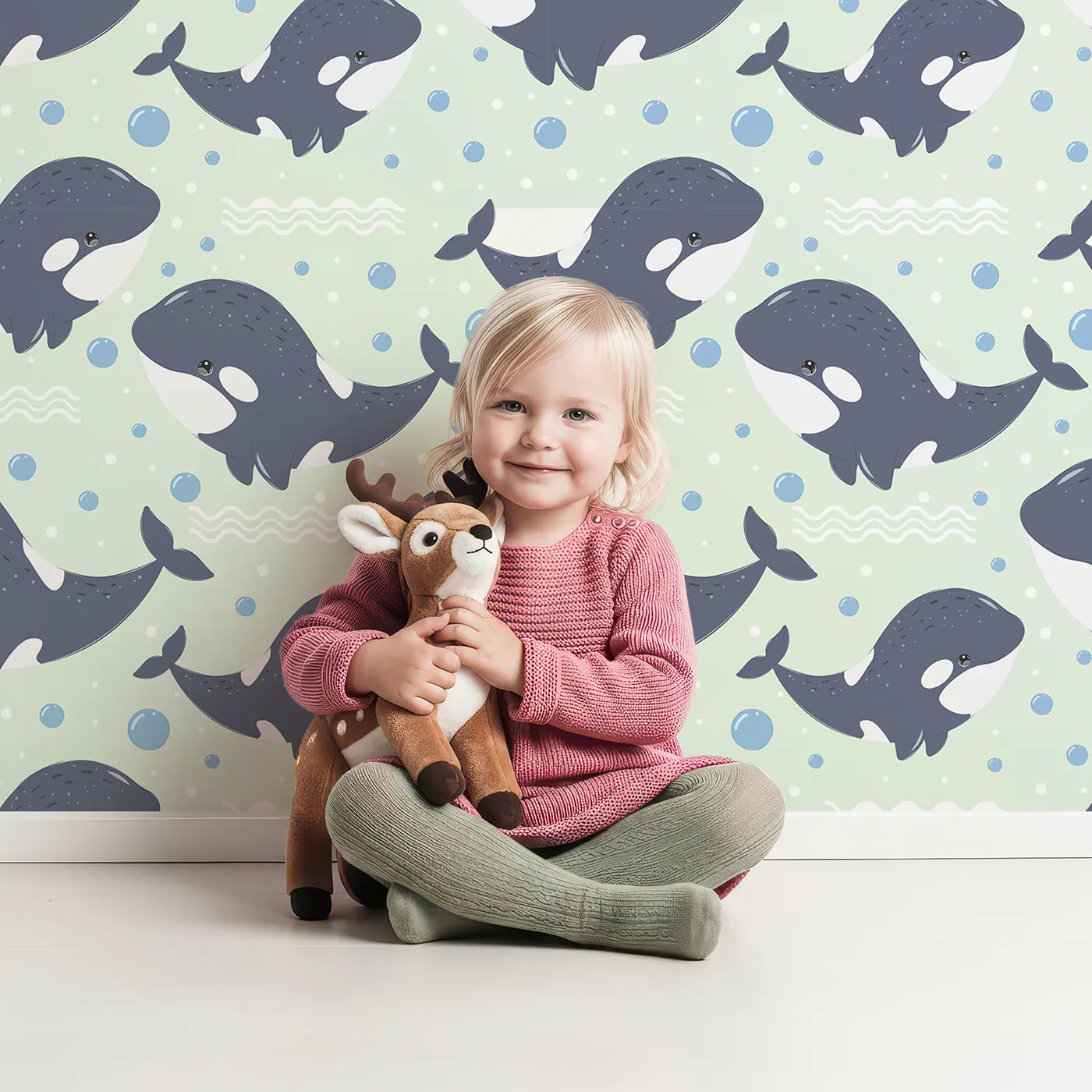 Lovely child standing in front of Whimsy Tots Orca Whale Wonder Wallpaper in Mint Green with whale, orca, bubble, wave in design.