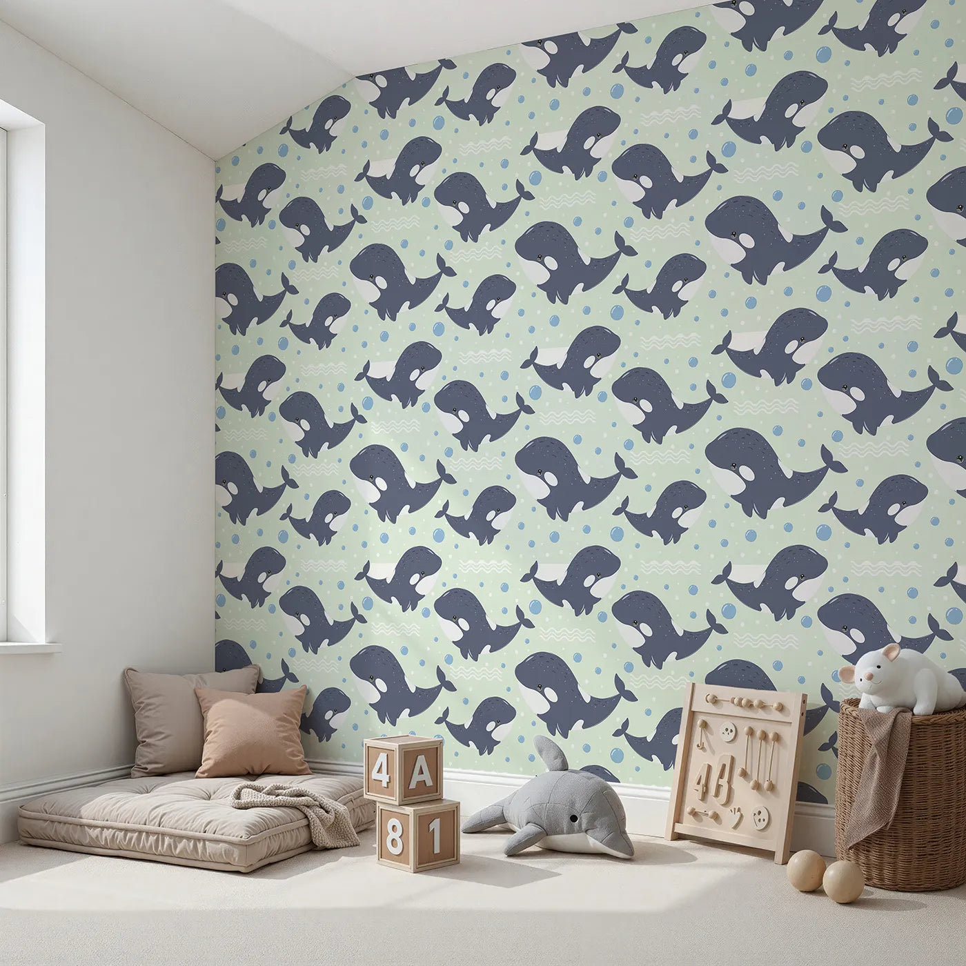 Angled view of Whimsy Tots' Orca Whale Wonder Wallpaper in Mint Green (W3045D).Happy orcas glide through gentle mint bubbles for a splash of underwater fun.