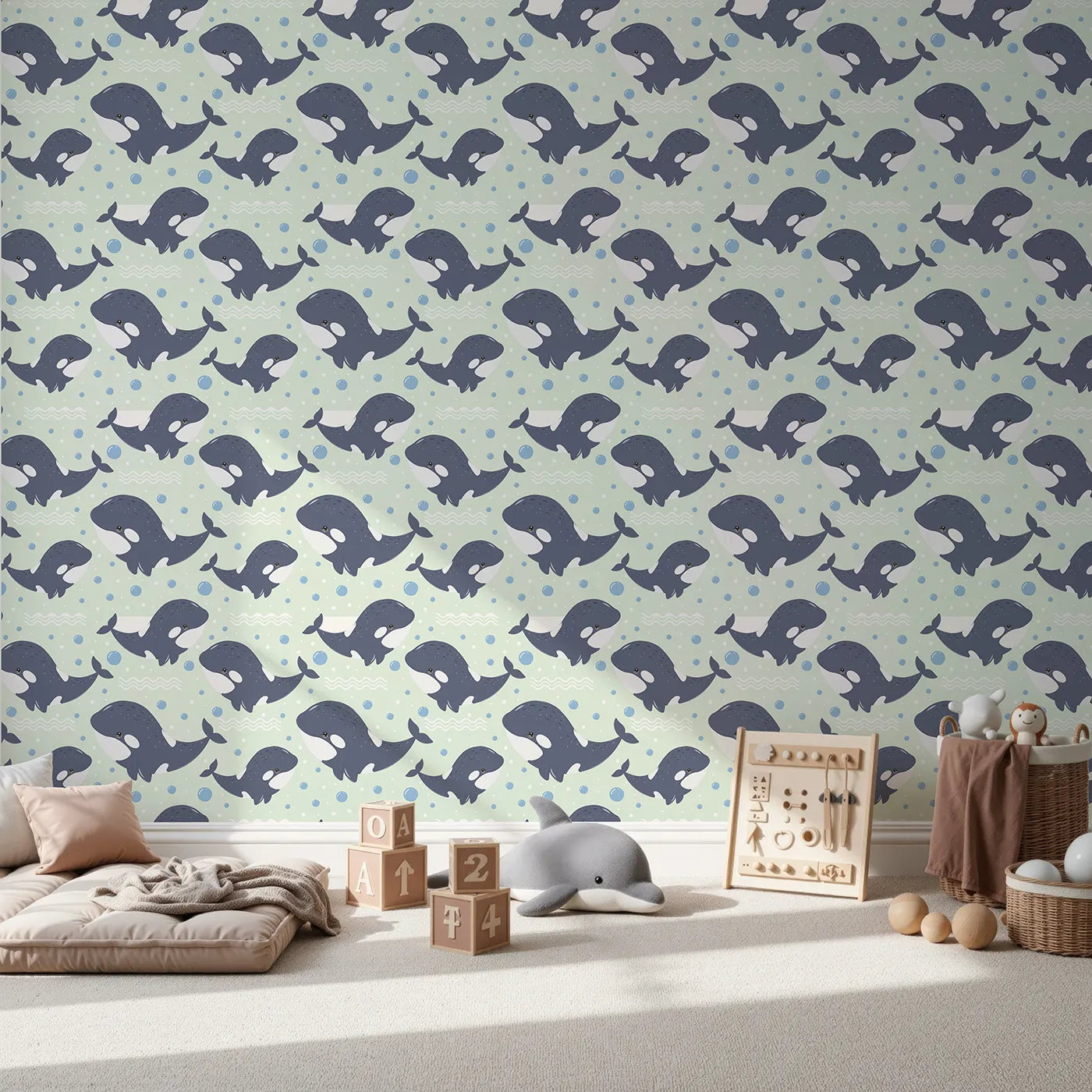 Front view of Whimsy Tots' Orca Whale Wonder Wallpaper in Mint Green