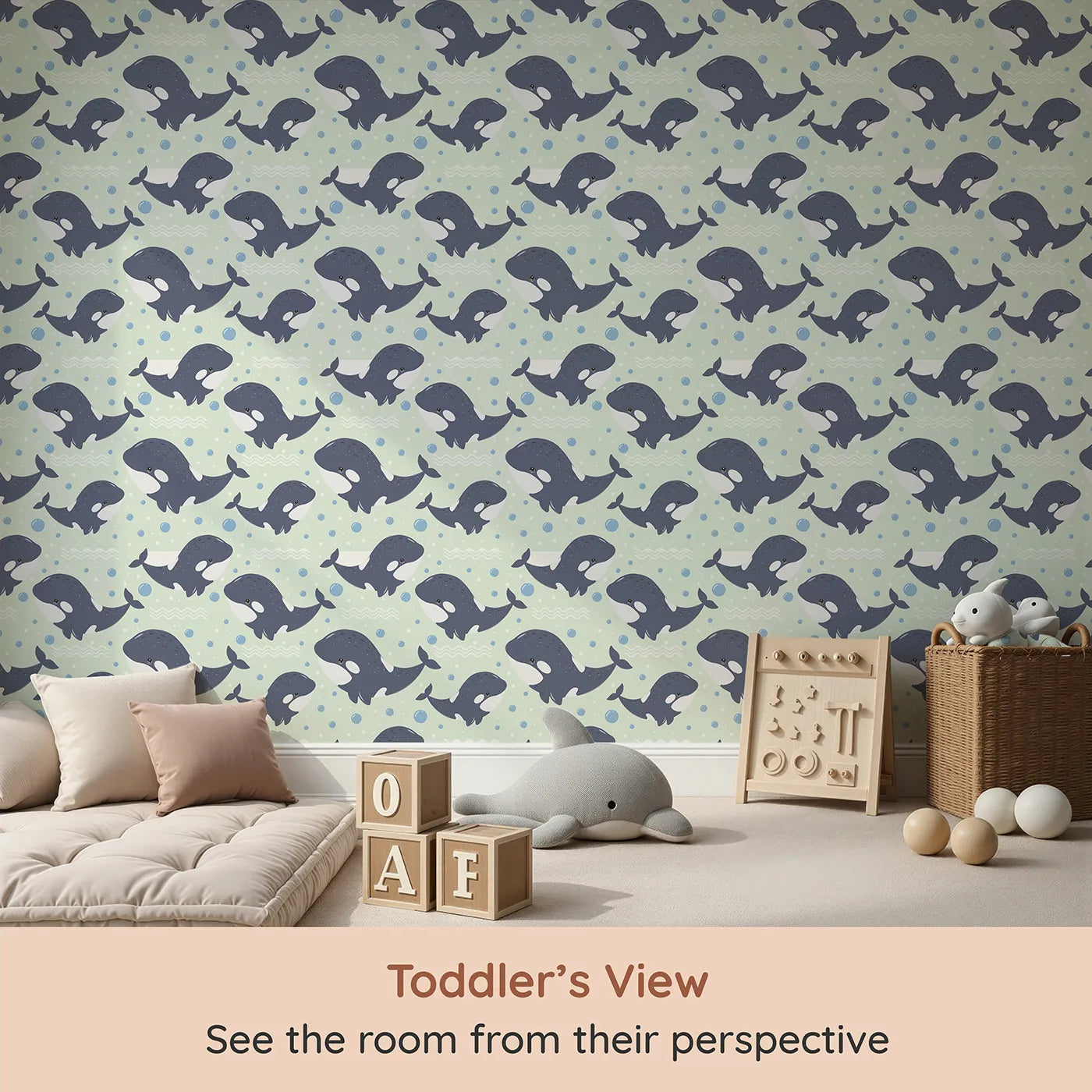 Whimsy Tots Orca Whale Wonder Wallpaper in Mint Green (W3045D) from your child's view.Happy orcas glide through gentle mint bubbles for a splash of underwater fun.