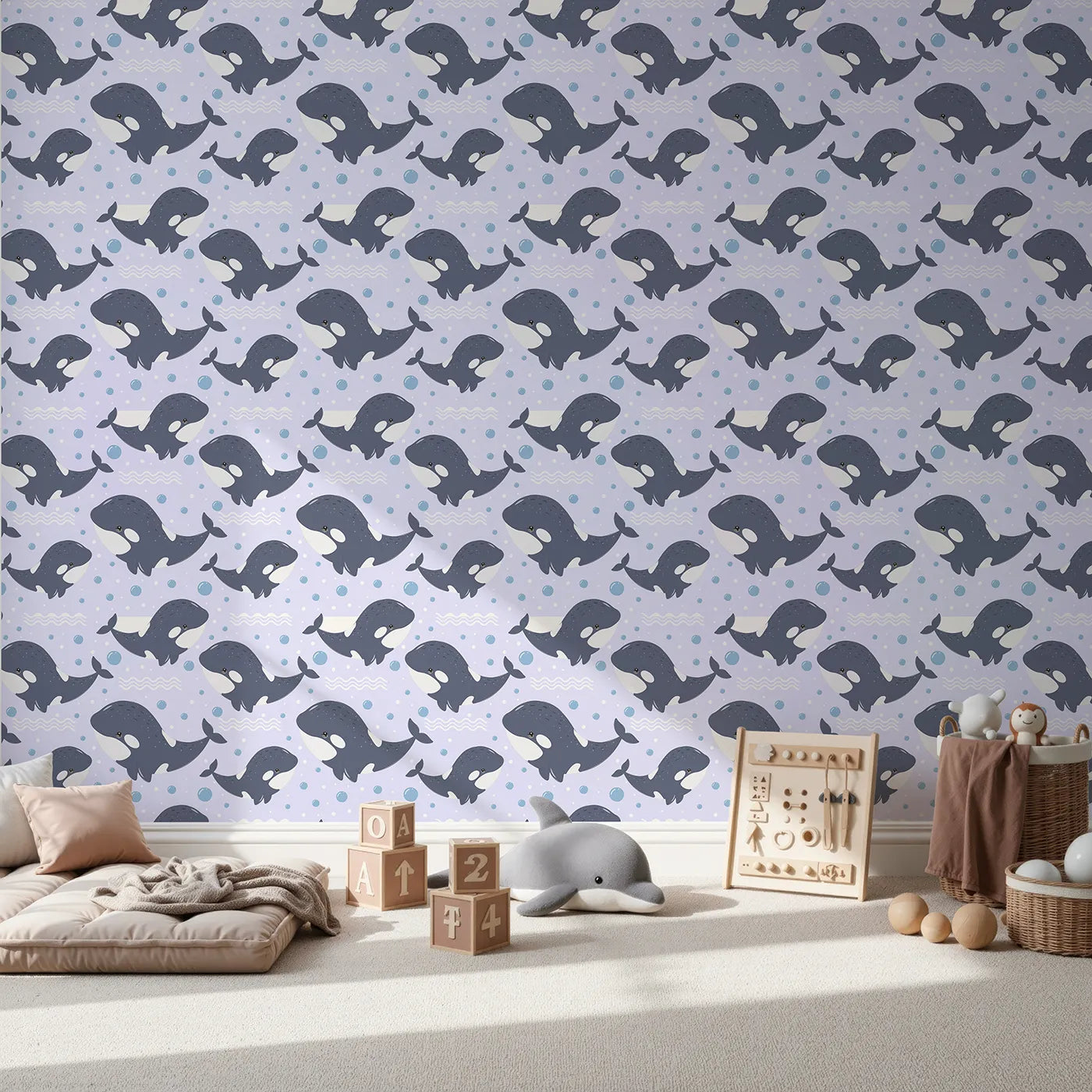 Front view of Whimsy Tots' Orca Whale Wonder Wallpaper in Lilac Lavender