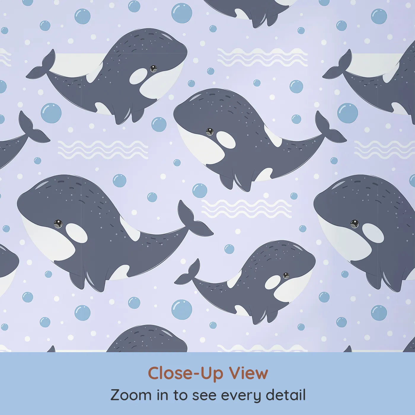 Close-up view of Whimsy Tots' Orca Whale Wonder Wallpaper in Lilac Lavender (W3045E).Joyful orcas swim through lilac waves in a gentle ocean dream.