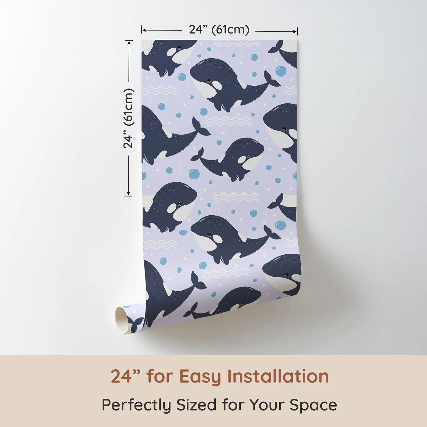 Dimension view of Whimsy Tots Orca Whale Wonder Wallpaper in Lilac Lavender (W3045E). Printed in 24-inch-wide panel for easy installation. Joyful orcas swim through lilac waves in a gentle ocean dream.