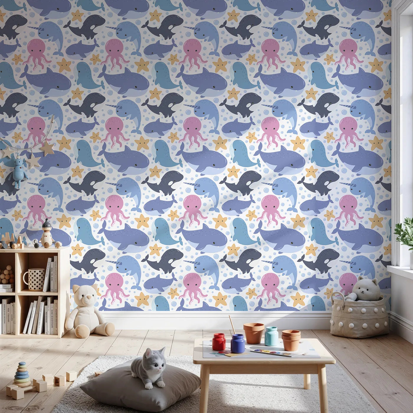 Front view of Whimsy Tots' Ocean Buddy Parade Wallpaper in White