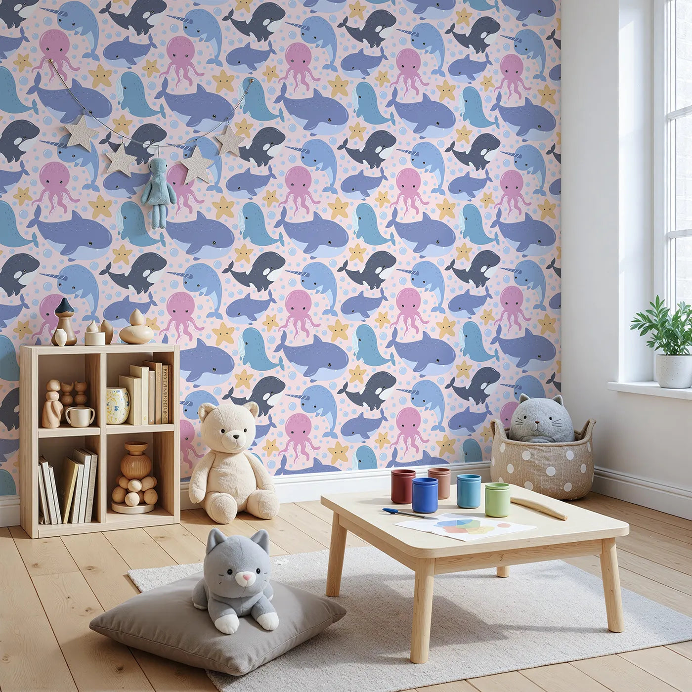 Angled view of Whimsy Tots' Ocean Buddy Parade Wallpaper in Blush Pink (W3046B).Happy sea creatures splash and swirl across a soft blush sea.