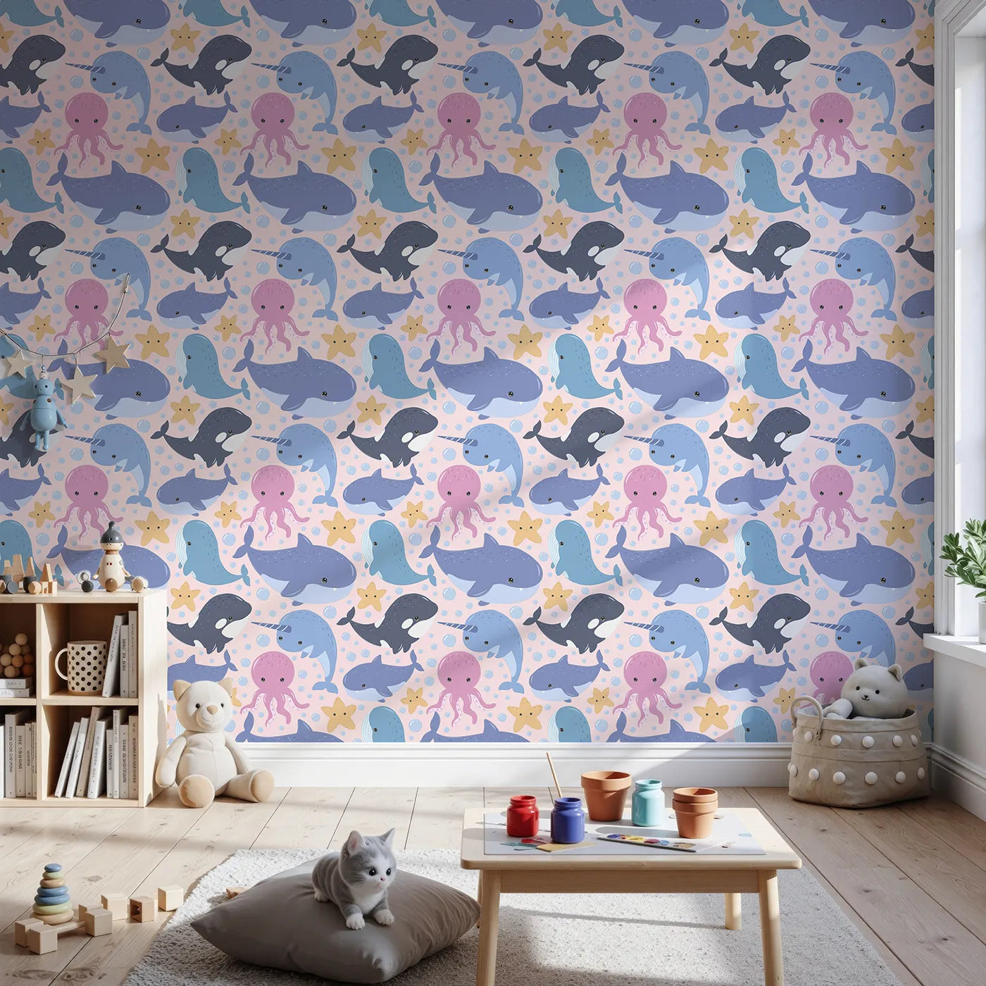 Front view of Whimsy Tots' Ocean Buddy Parade Wallpaper in Blush Pink