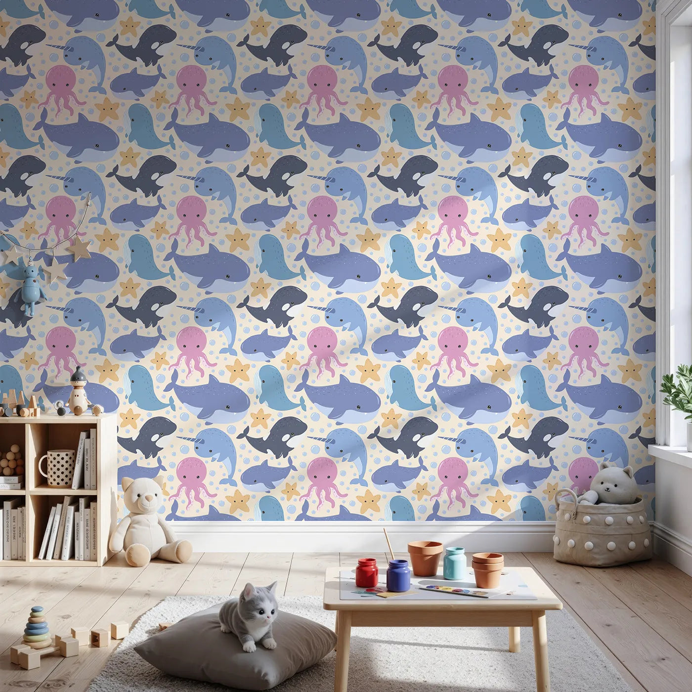 Front view of Whimsy Tots' Ocean Buddy Parade Wallpaper in Sand