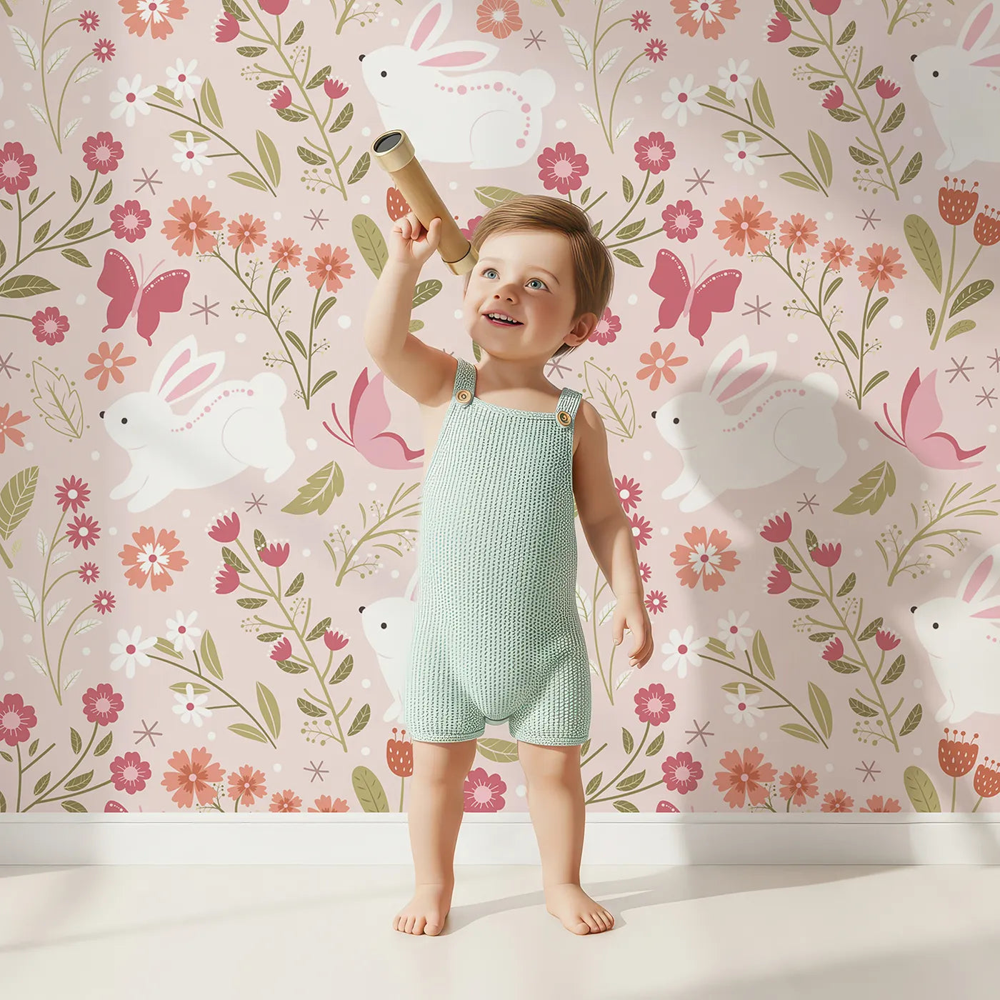 Lovely child standing in front of Whimsy Tots Meadow Hops Bunny Wallpaper in Blush Pink with rabbit, butterfly, flower, leaf in design.
