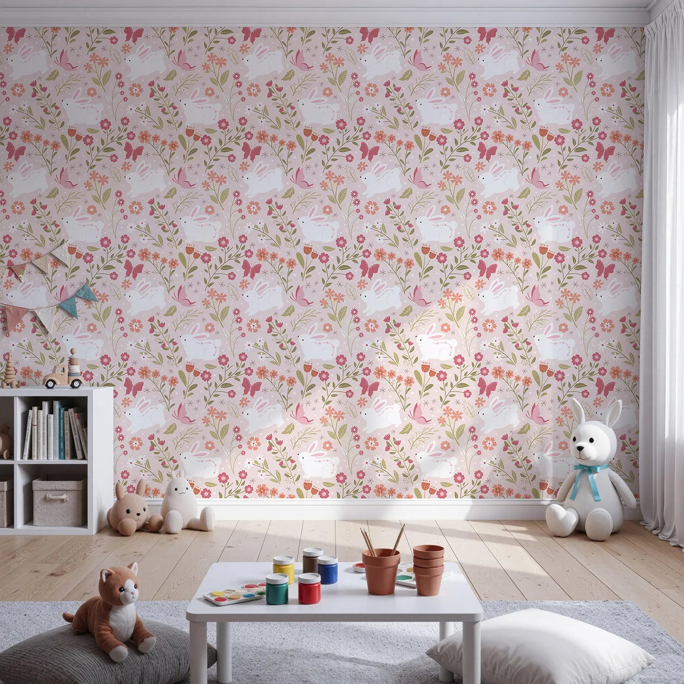 Front view of Whimsy Tots' Meadow Hops Bunny Wallpaper in Blush Pink