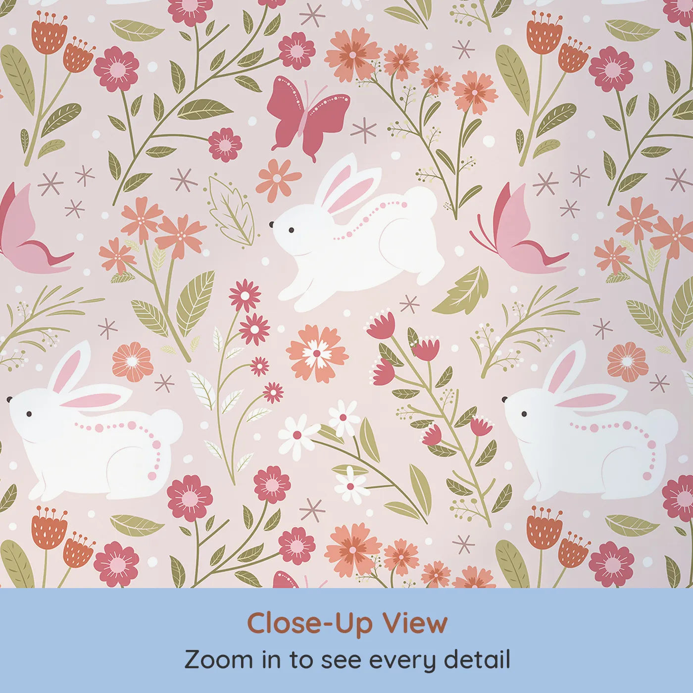 Close-up view of Whimsy Tots' Meadow Hops Bunny Wallpaper in Blush Pink (W3047A).Bunnies leap among flowers and butterflies in a dreamy spring meadow.