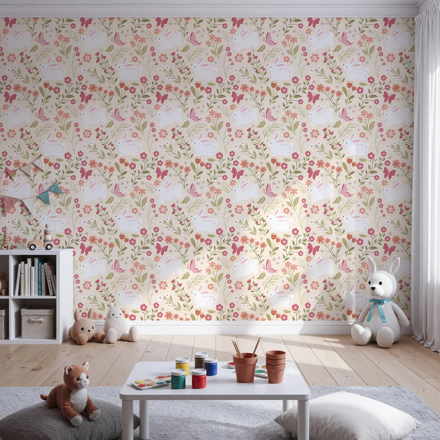 Front view of Whimsy Tots' Meadow Hops Bunny Wallpaper in Sand