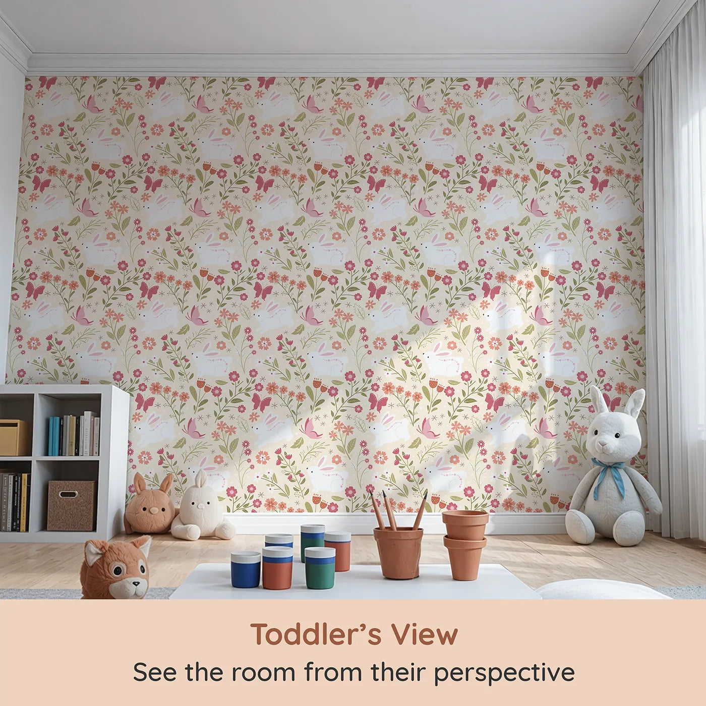 Whimsy Tots Meadow Hops Bunny Wallpaper in Sand (W3047B) from your child's view.Sweet bunnies and blooming flowers dance across soft sandy skies.