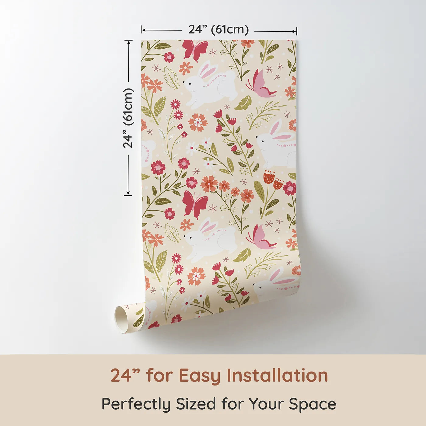 Dimension view of Whimsy Tots Meadow Hops Bunny Wallpaper in Sand (W3047B). Printed in 24-inch-wide panel for easy installation. Sweet bunnies and blooming flowers dance across soft sandy skies.