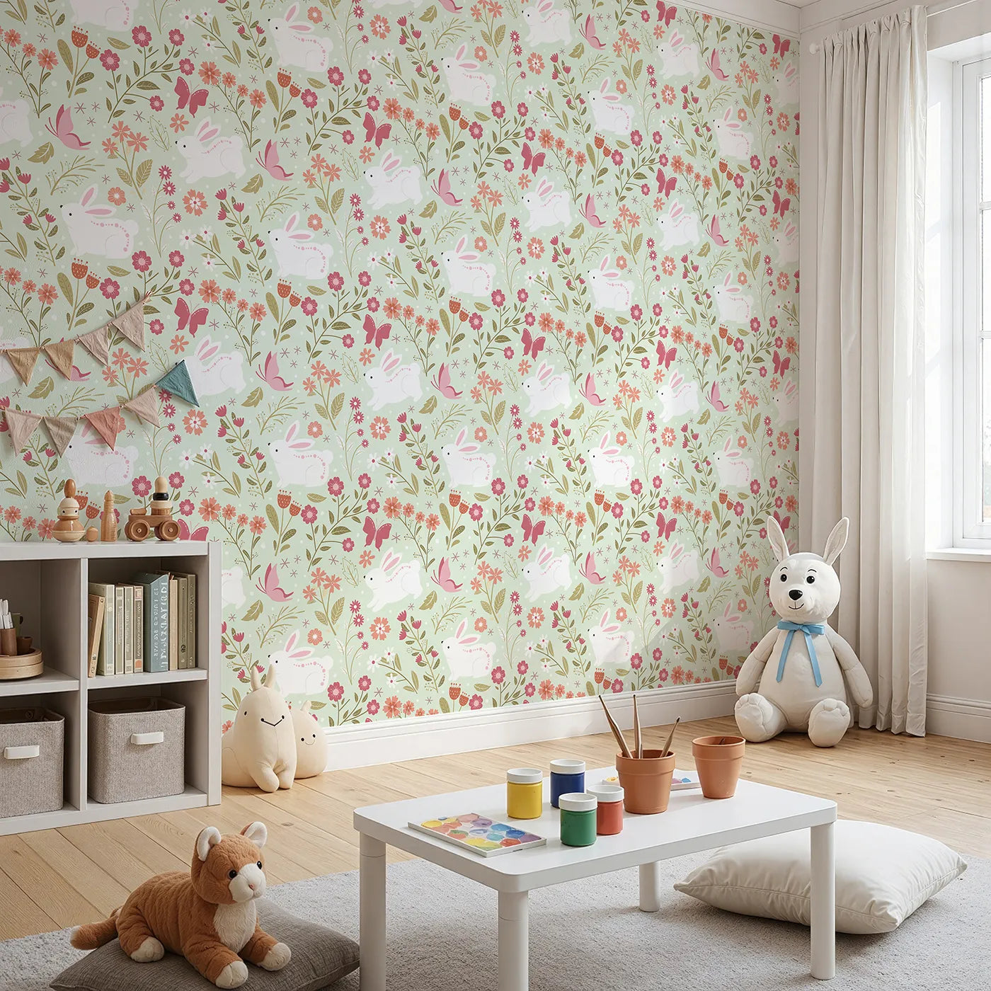 Angled view of Whimsy Tots' Meadow Hops Bunny Wallpaper in Mint Green (W3047C).Bunnies bloom with joy among minty leaves and cheerful petals.